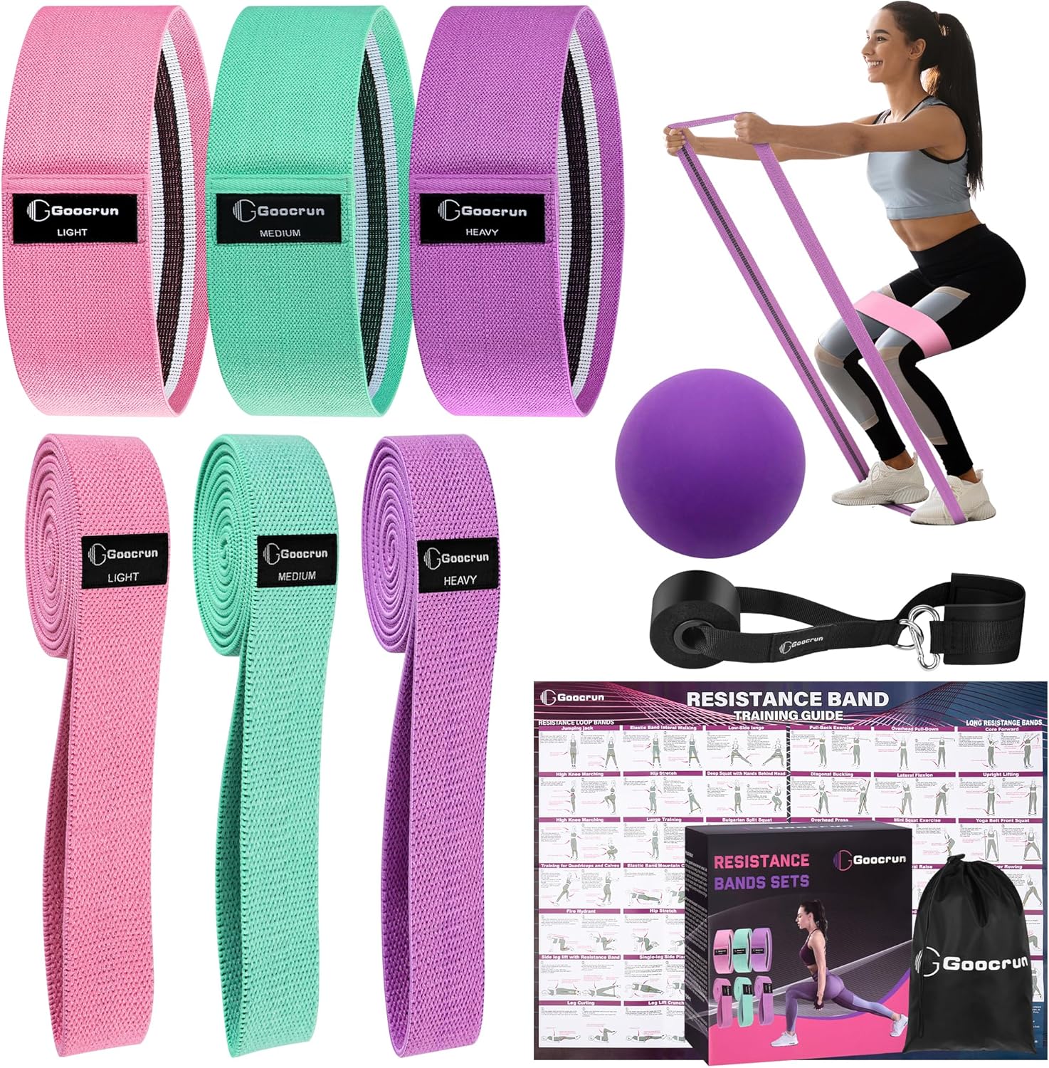 Goocrun Fabric Resistance Bands for Working Out, Wide Booty Belt with Multiple Resistance Levels. Yoga Balance Balls. Great for HIPS, Thighs Exercises. with Fitness Poster