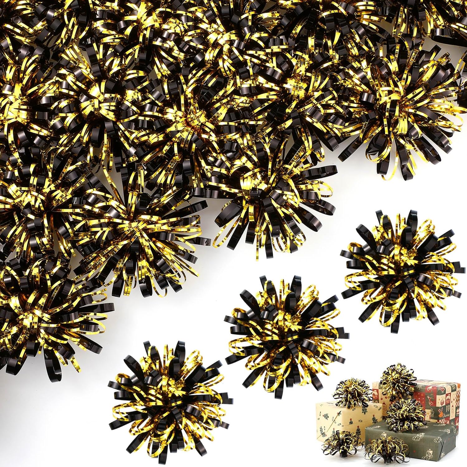 Yunlly 40 Pcs 4'' Christmas Bows Gift Wrapping Self-Adhesive Metallic Assorted Size Christmas Present Bows with Ribbon for Gift Basket, Holiday, Birthday, Anniversary(Black, Gold)