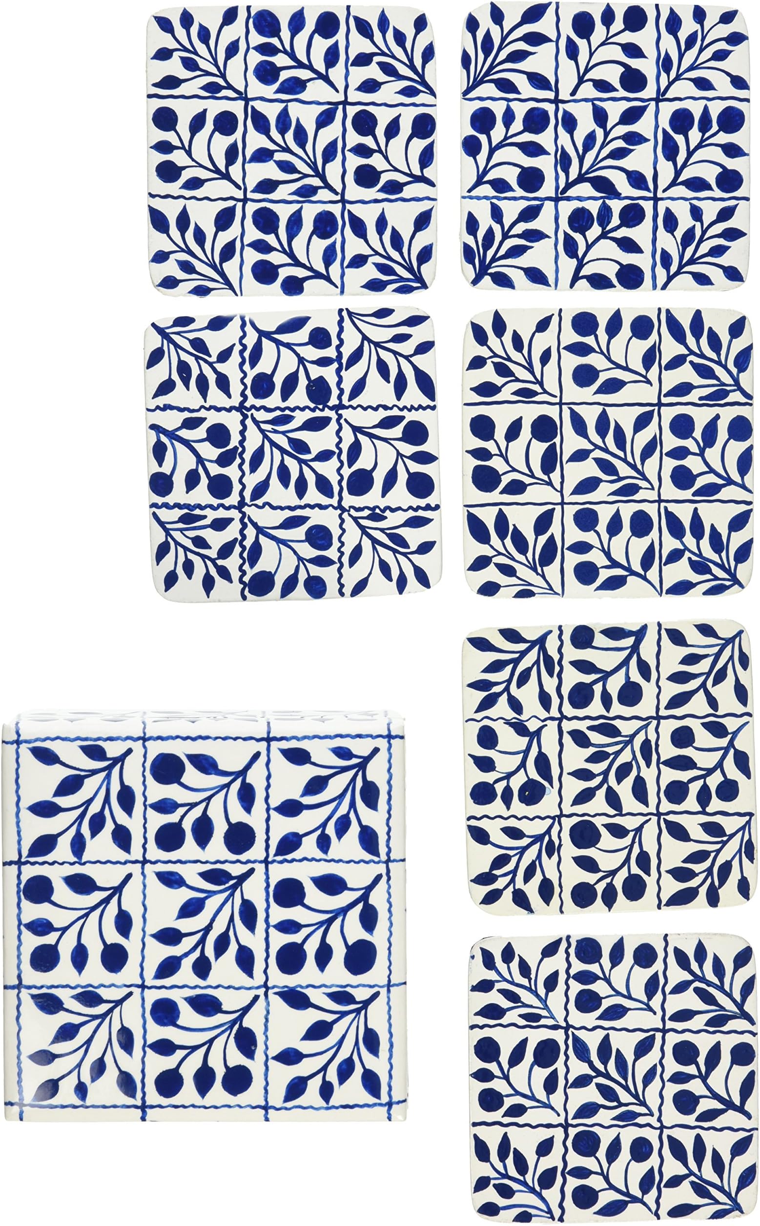 Handmade Hand-painted Wooden Coaster Set, Blue Tile Pattern. Set of 6 Square Coasters and 1 Wooden Holder