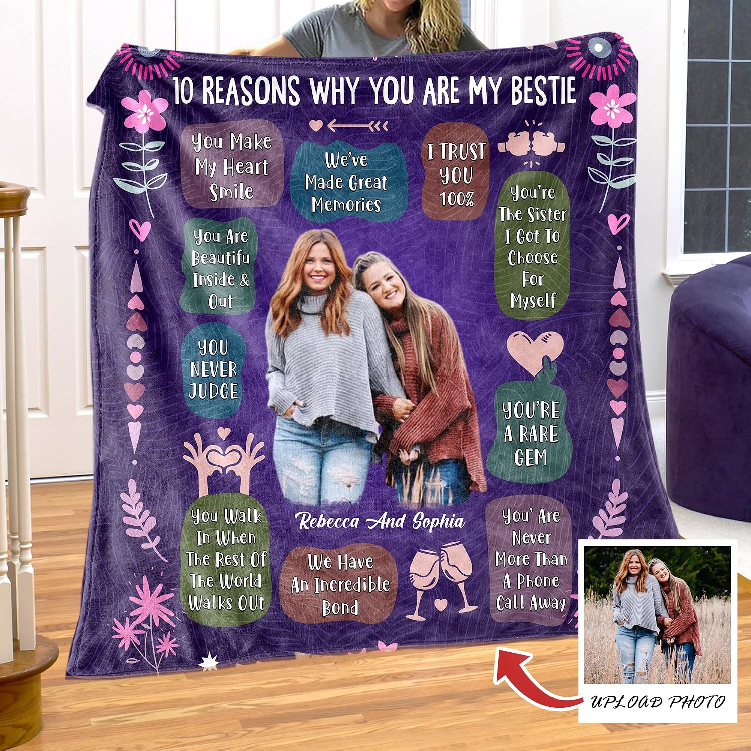GOSSBY Personalized Custom Blanket (Photo upload) 10 reasons why you are my besties Personalized Best Friend Photo Blanket, Best Friend Birthday Gifts for Women, Sister Gifts, Custom Throw Blanket for