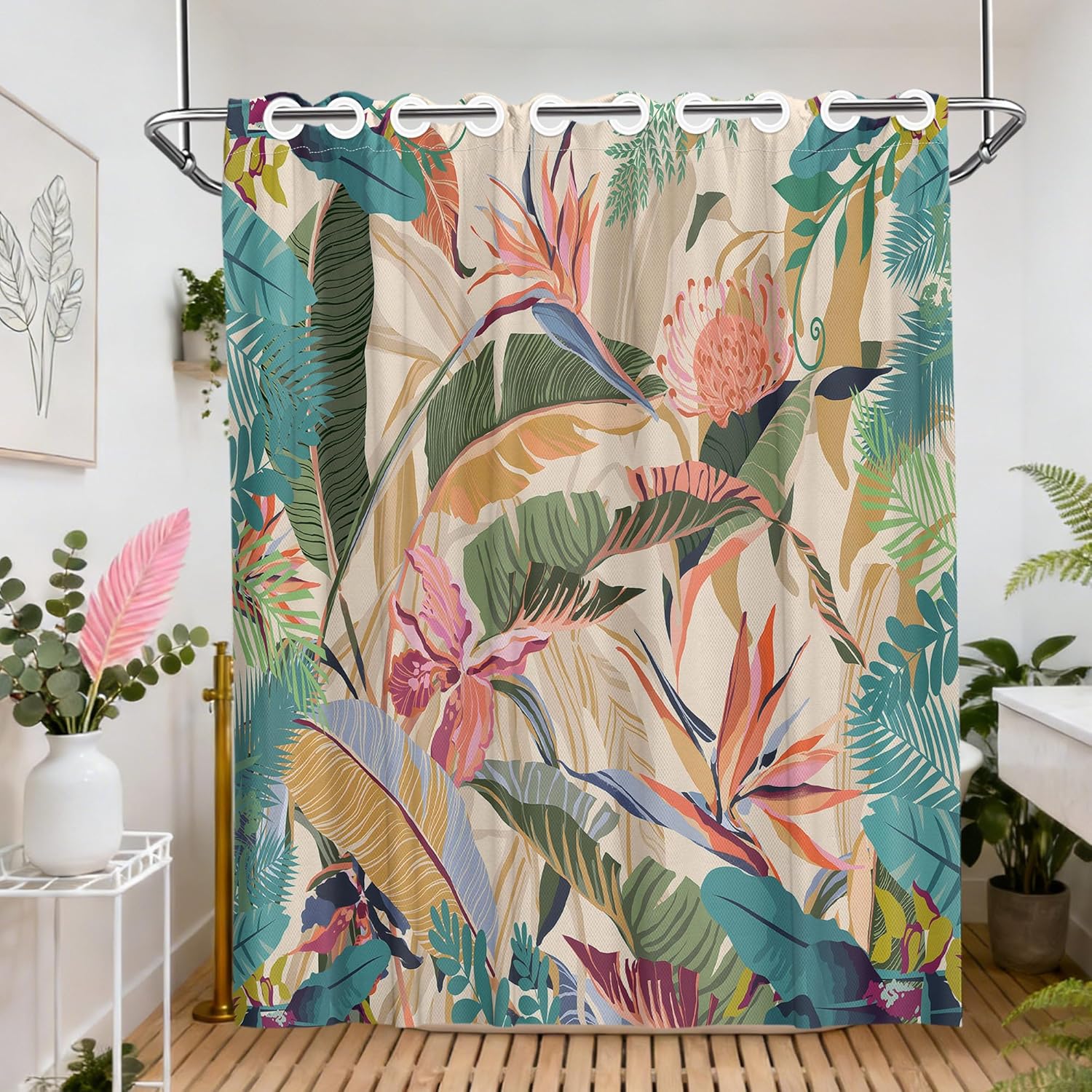 Tropical Hookless Shower Curtain with Snap in Liner Set, Palm Leaf No Hook Shower Curtains for Bathroom, Double Layer Ringless, Liner with Magnets, Waterproof Cloth Fabric, 71" W x 74" L