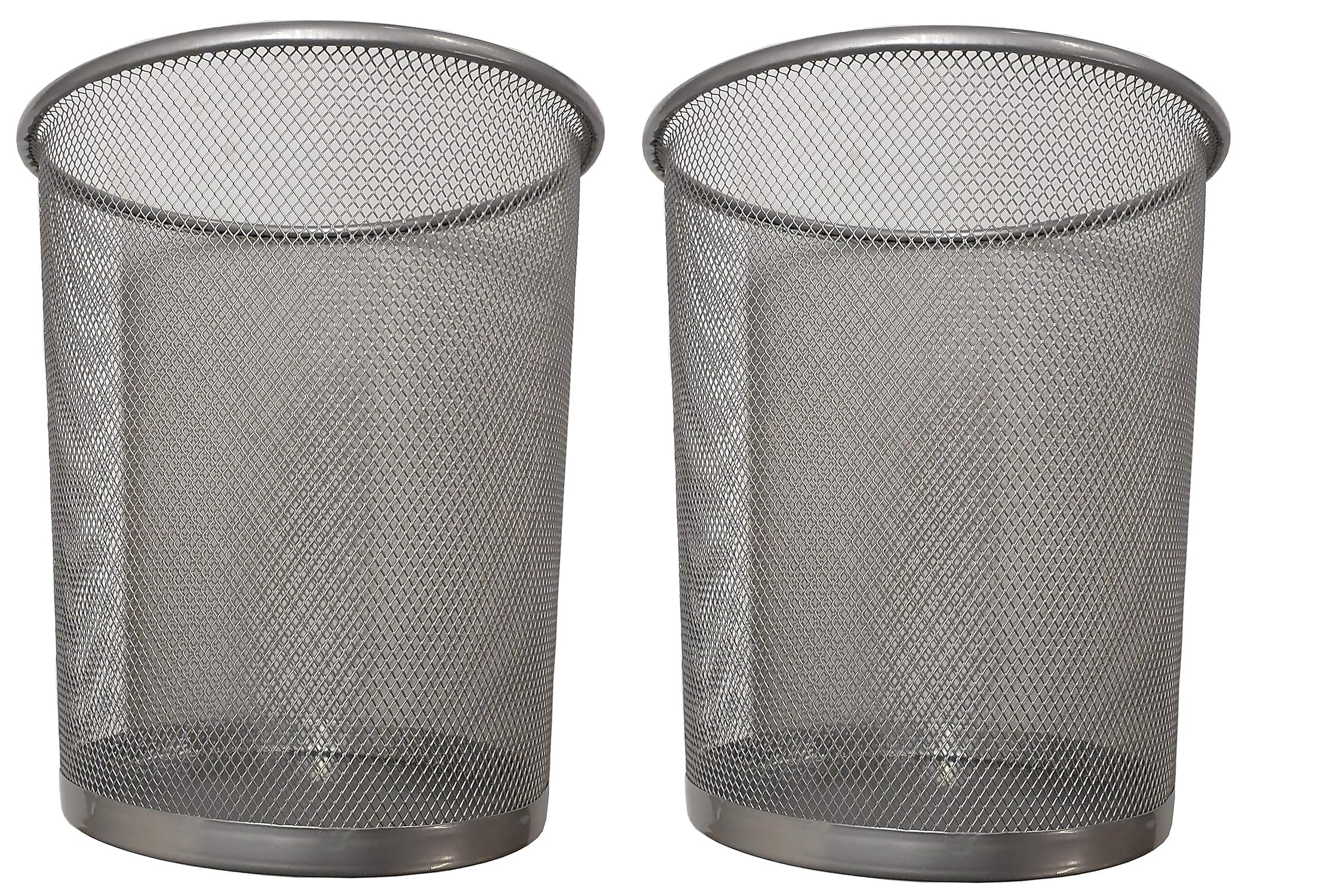 DIVCHI Round Trash Can Bin - 2 Pack Silver Non-Slip Mesh Bins Waste Paper Bin Sturdy Metal Bin Indoor Waste Bin for Home Bedroom Office Bathroom Living Room & Kitchen (Silver)