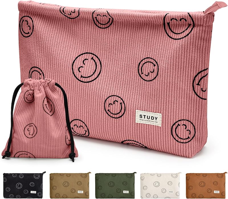 Necessaires de maquiagem WLLWOO WLLWOO em veludo cotelê com estampa de rosto sorridente — Pacote com 2