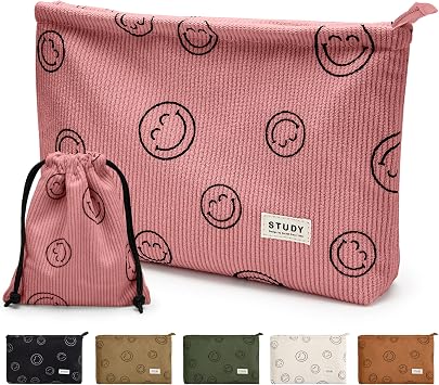 WLLWOO 2pcs Makeup Bag Smile Face Corduroy Cosmetic Pouch for Women Purse | Small Travel Toiletry Zipper Pouch with Interior Waterproof Lining Soft Pencil Case Coin Organizer
