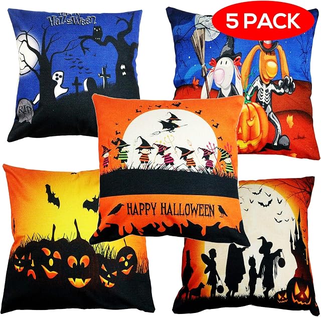 THE TWIDDLERS - 5 Pieces Halloween Cushion Covers - Soft Linen Throw Pillow Case, Assorted Designs - 44 x 44cm