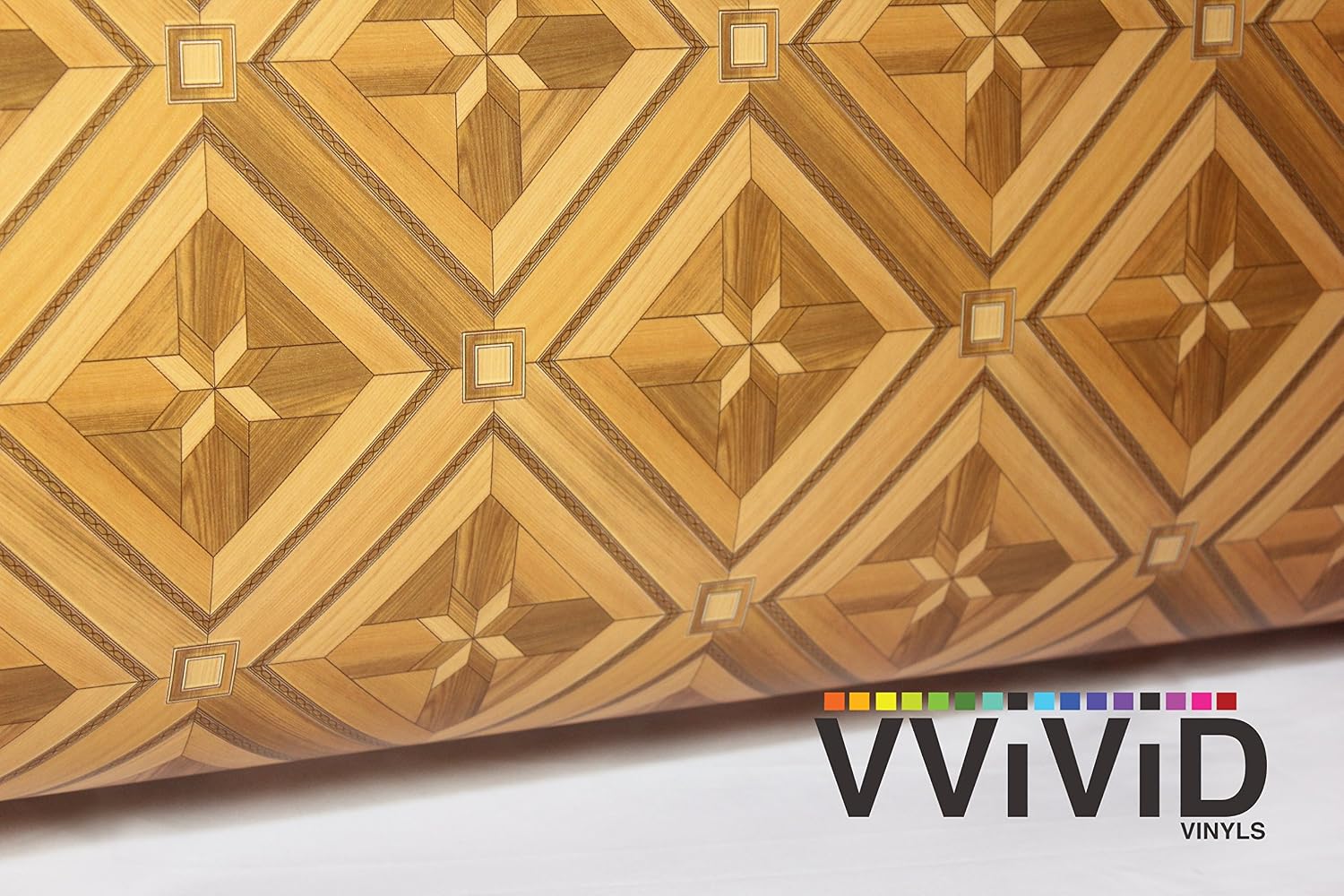 VVIVID Parquette Inlay Mosaic Wood Grain Faux Finish Textured Vinyl Wrap Roll Sheet Film for Home Office Furniture DIY No Mess Easy to Install Air-Release Adhesive (6ft x 48 Inch)