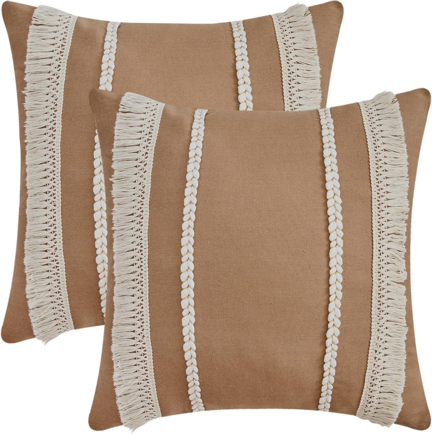 2 Pcs Decorative Boho Throw Pillow Cover, Modern Textured Tufted Pillow Cover Striped for Couch Bed Sofa 18 x 18 Inch Tan