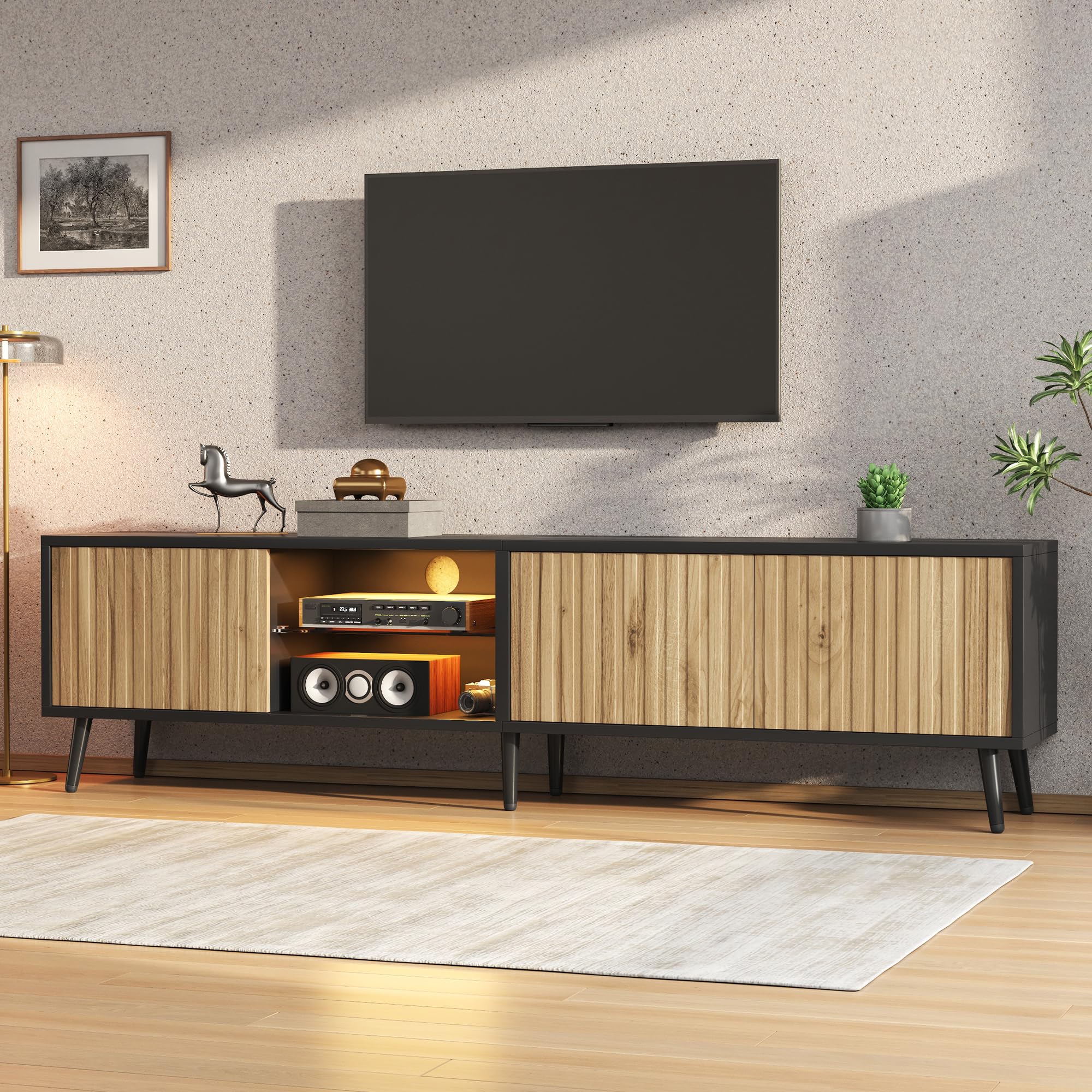 Mobile TV in legno naturale 175 cm - Mobile basso con portaoggetti LED e vetro temperato - grande mobile TV per schermo piatto da 75 pollici - Soggiorno moderno