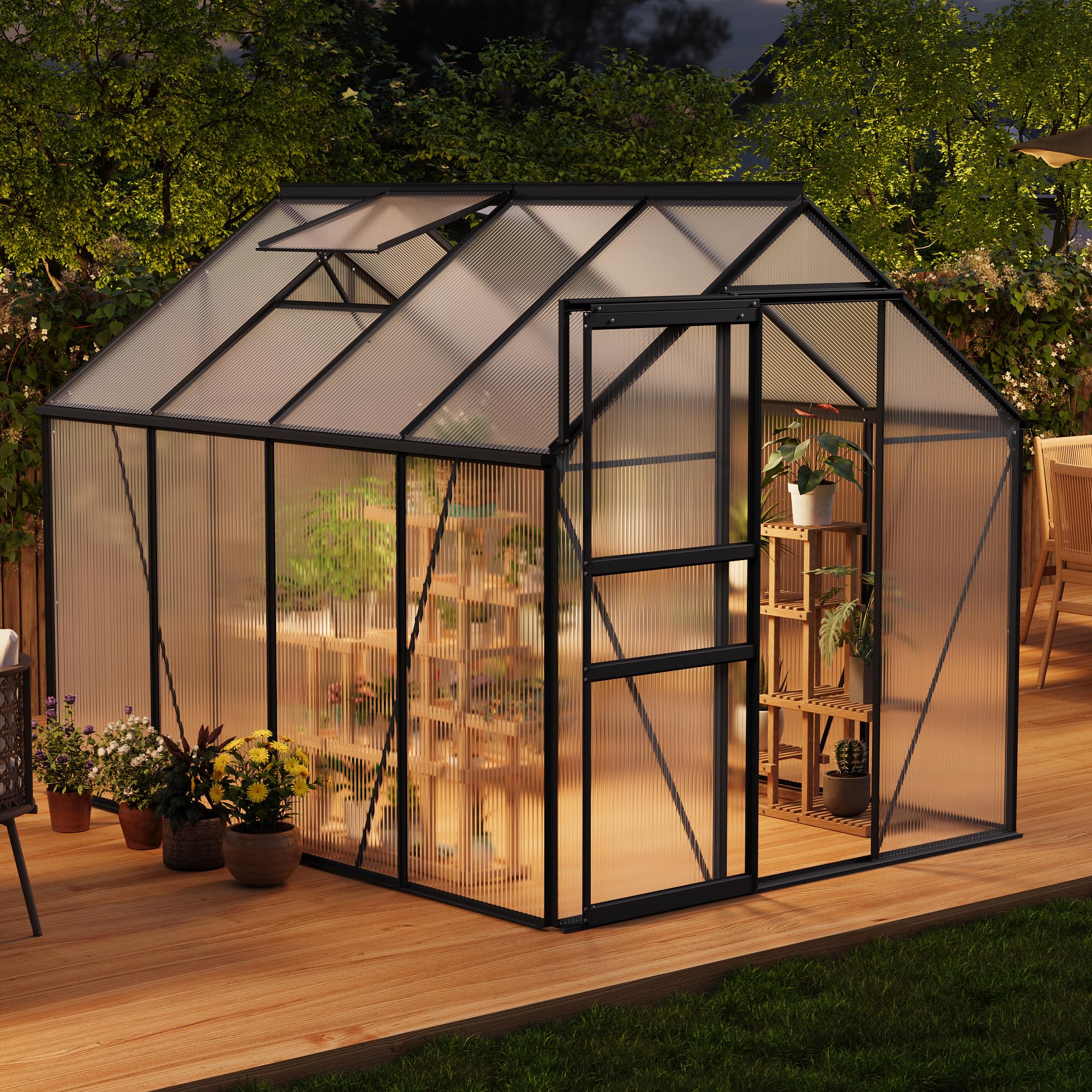 IDEALHOUSE 6 x 8FT Greenhouse for Outside, Polycarbonate Greenhouses with Aluminum Frame, Sliding Door, Adjustable Roof Ve...