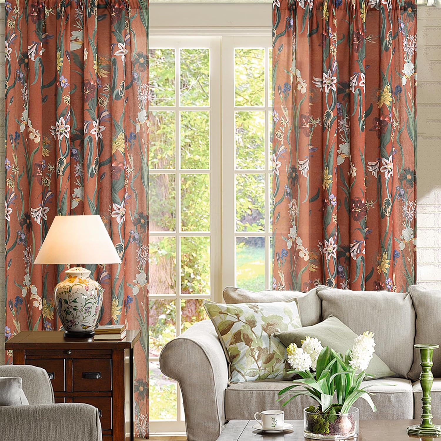 Schweek Boho Terracotta Curtains 84 Inch Length Farmhouse Linen Floral Vintage Curtains 2 Panels Set Botanical Burnt Orange Semi Sheer Curtain Drapes for Living Room Dining Room Kitchen