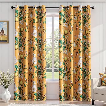 MYSKY HOME Yellow Floral Blackout Curtains 84 inch Long for Living Room Vintage Mid Century Style Lemon Hummingbird Patterned Room Darkening Privacy Drapes Grommet Bedroom Dining Room, 2 Pcs, 52"Wide