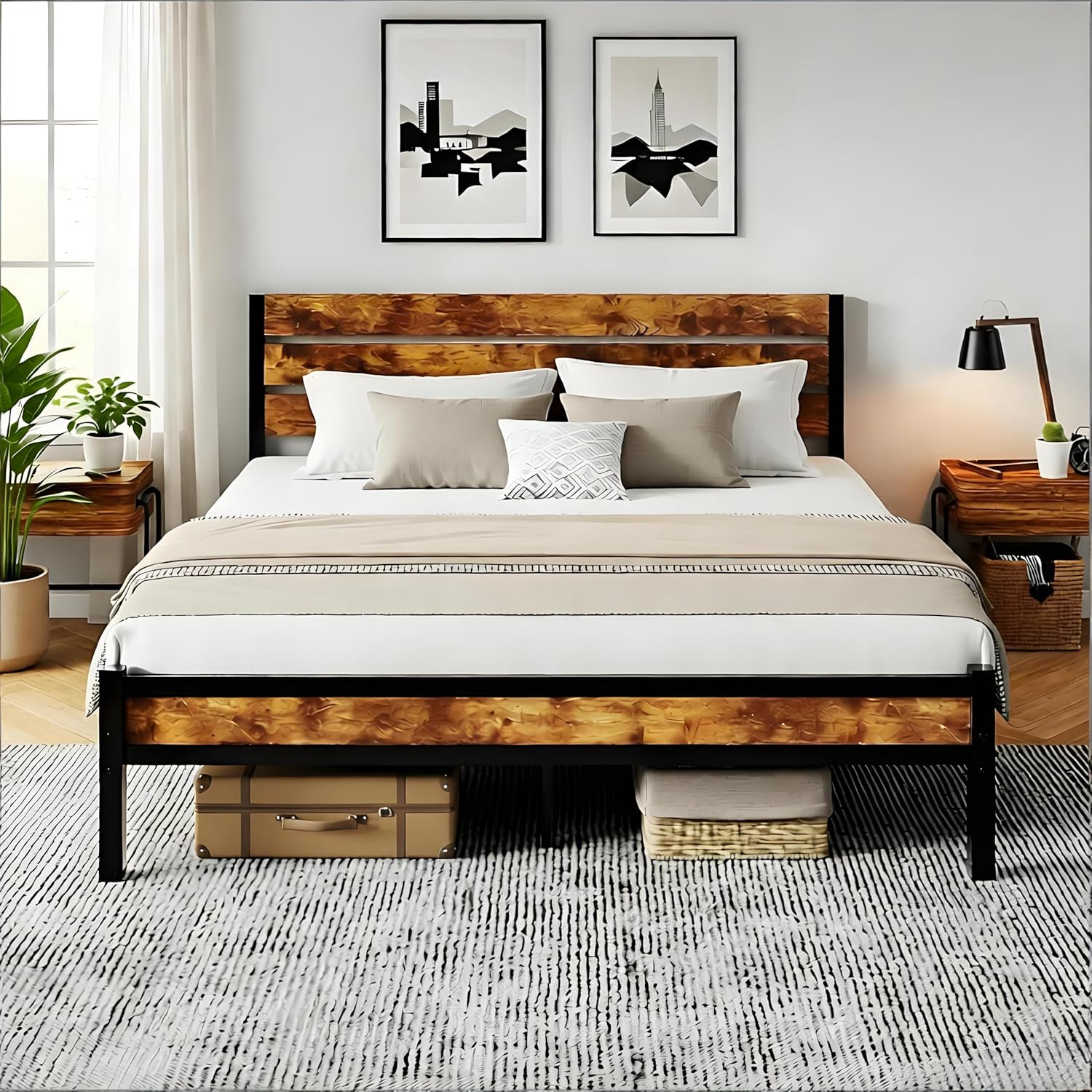 King Size Bed Frame with Vintage Style Wood Headboard, All Sturdy Metal Support System,with Under Bed Storage,No Box Spring Needed, Noise Free, Easy Assembly, Edge Anti Slip, Rustic Brown