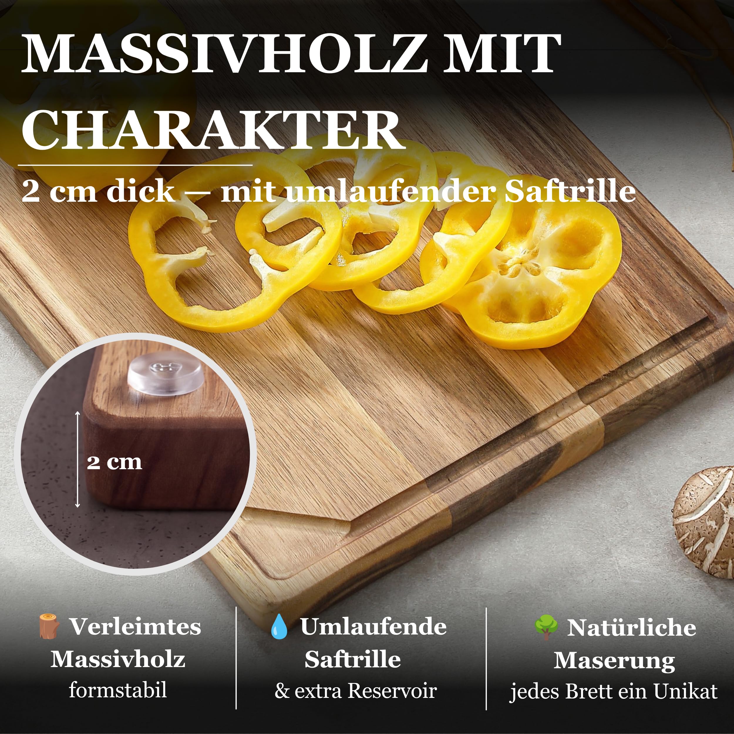 OLEIO Schneidebrett Holz 3er Set Massiv Akazie – Holzschneidebrett Küche | Mit Saftrille, Griffmulden & Halter – Schneidebretter Set 40x30/33x24/26x18cm, rutschfeste Silikonfüße