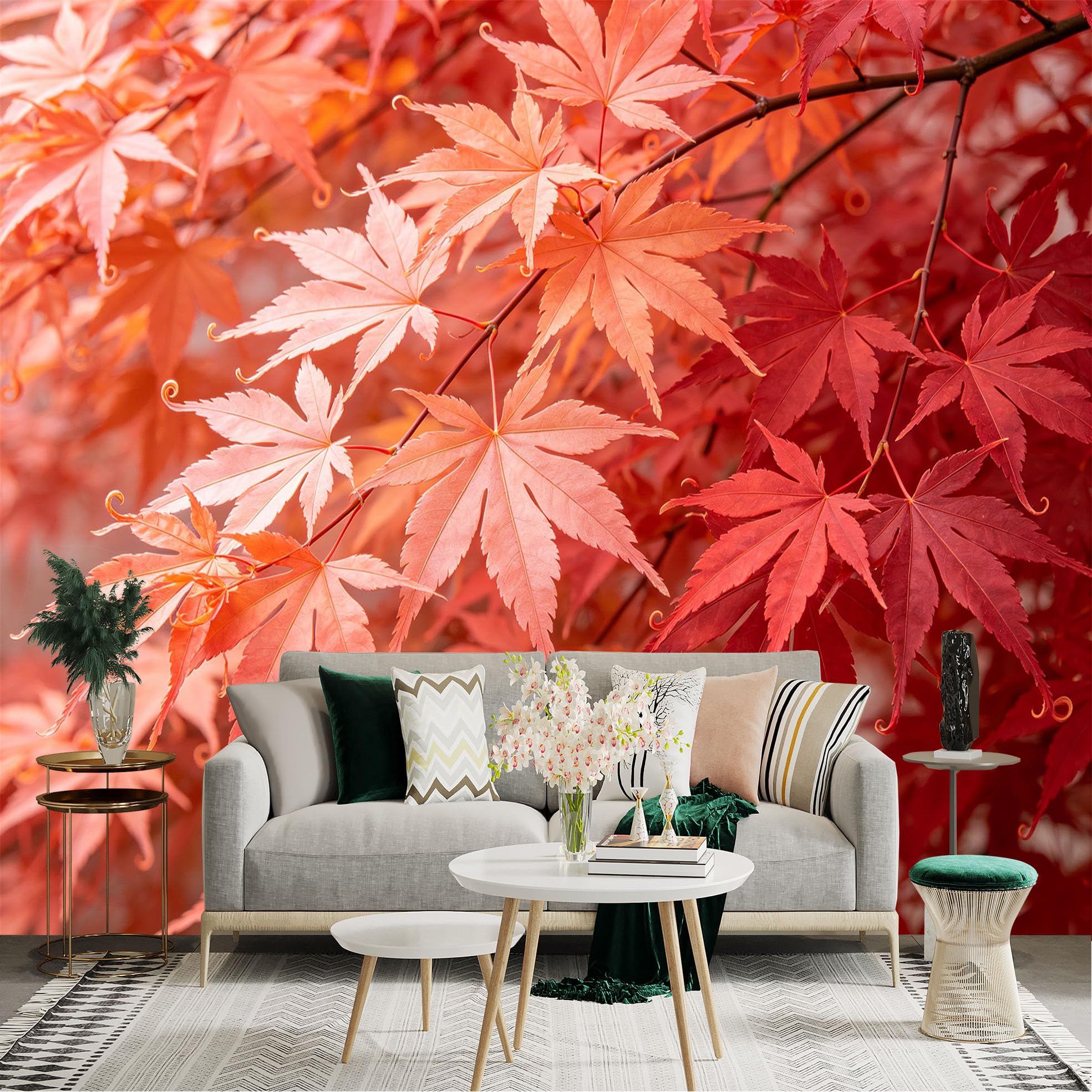 Lnzczhyre Dbh260521494 Custom Size Wall Sticker Mural， Vibrant Red Autumn Maple Leaves， Nature Plant Foliage， Seasonal Botanical Decor， For Wall Decoration， Peelandstick Wall Decals.