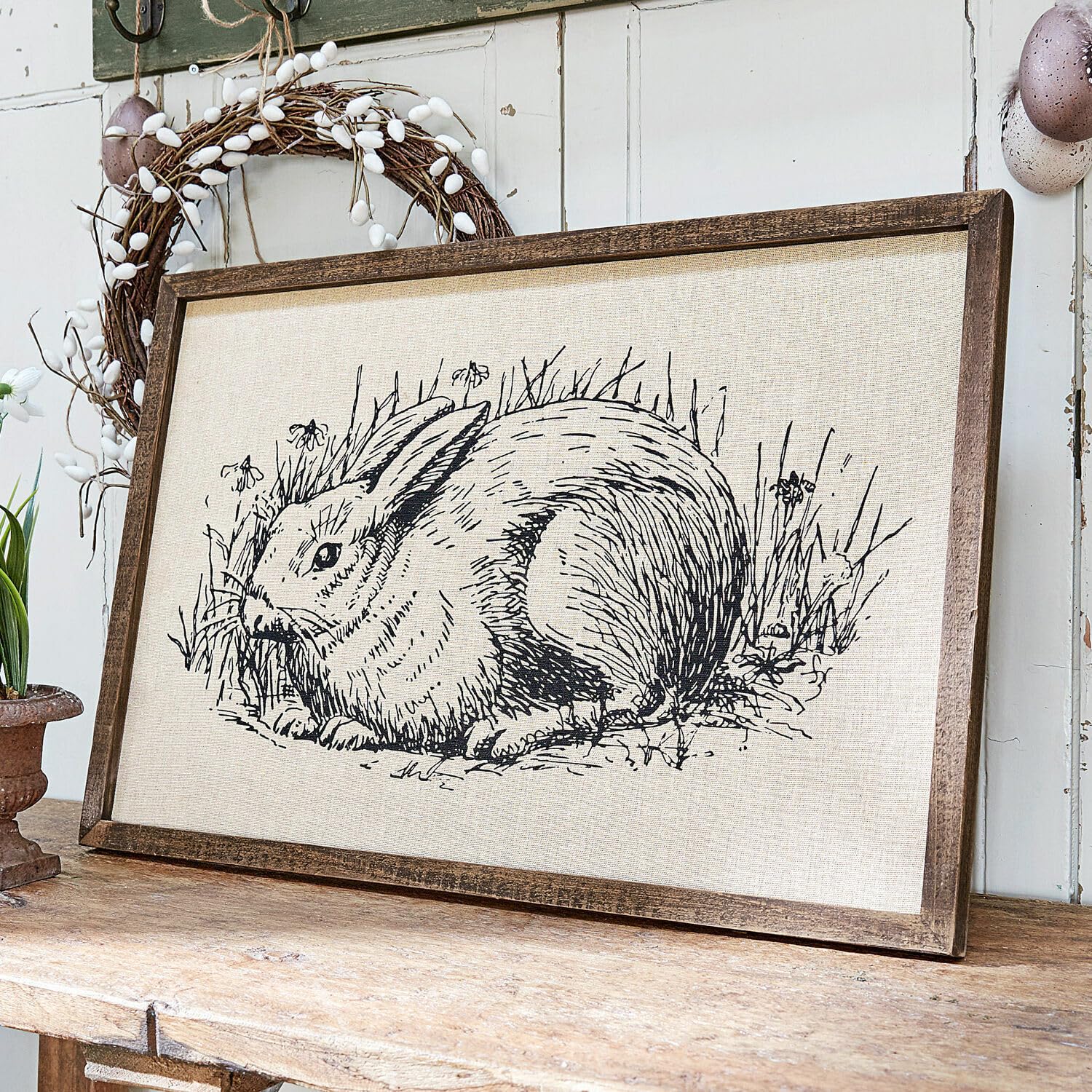 Loberon Dekoboard Cedric, Hasen-Motiv, nostalgischer Charme, Osterdekoration, Ostern, Osterhase, Tannenholz, Baumwolle, Polyester, braun/creme