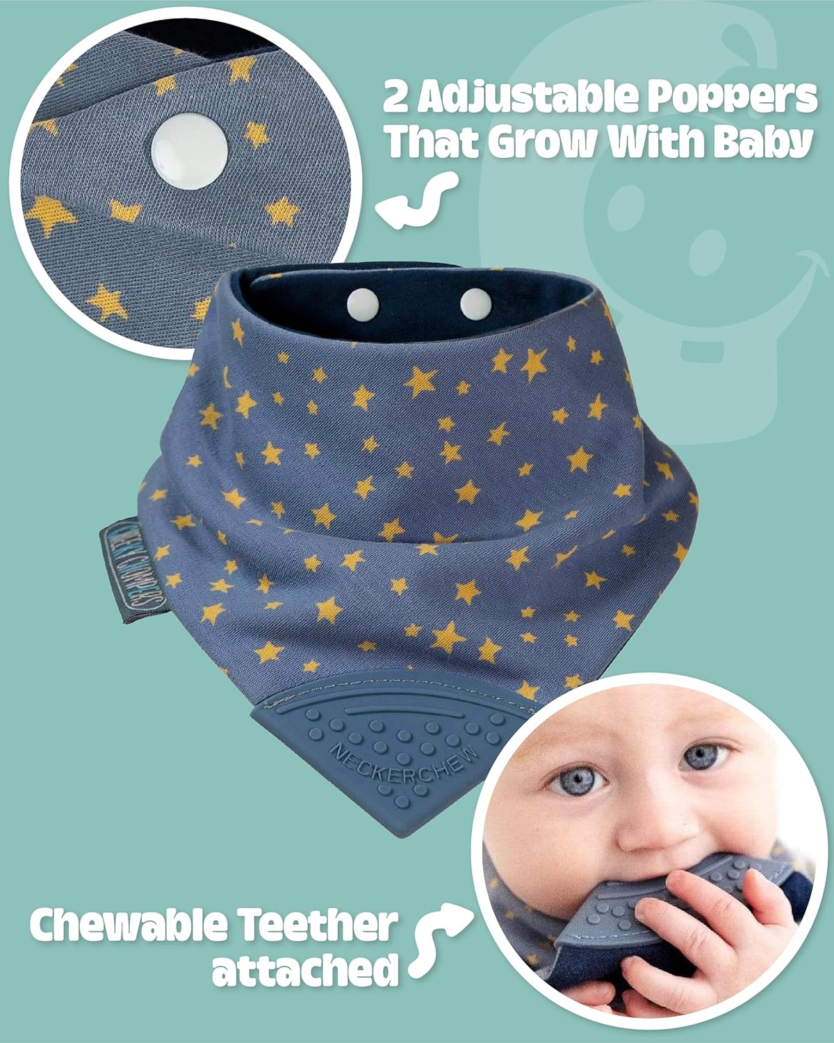 Cheeky Chompers Neckerchew Teething Bib, 2-in-1 Bandana Style Bib w/Food Grade Silicone Teether