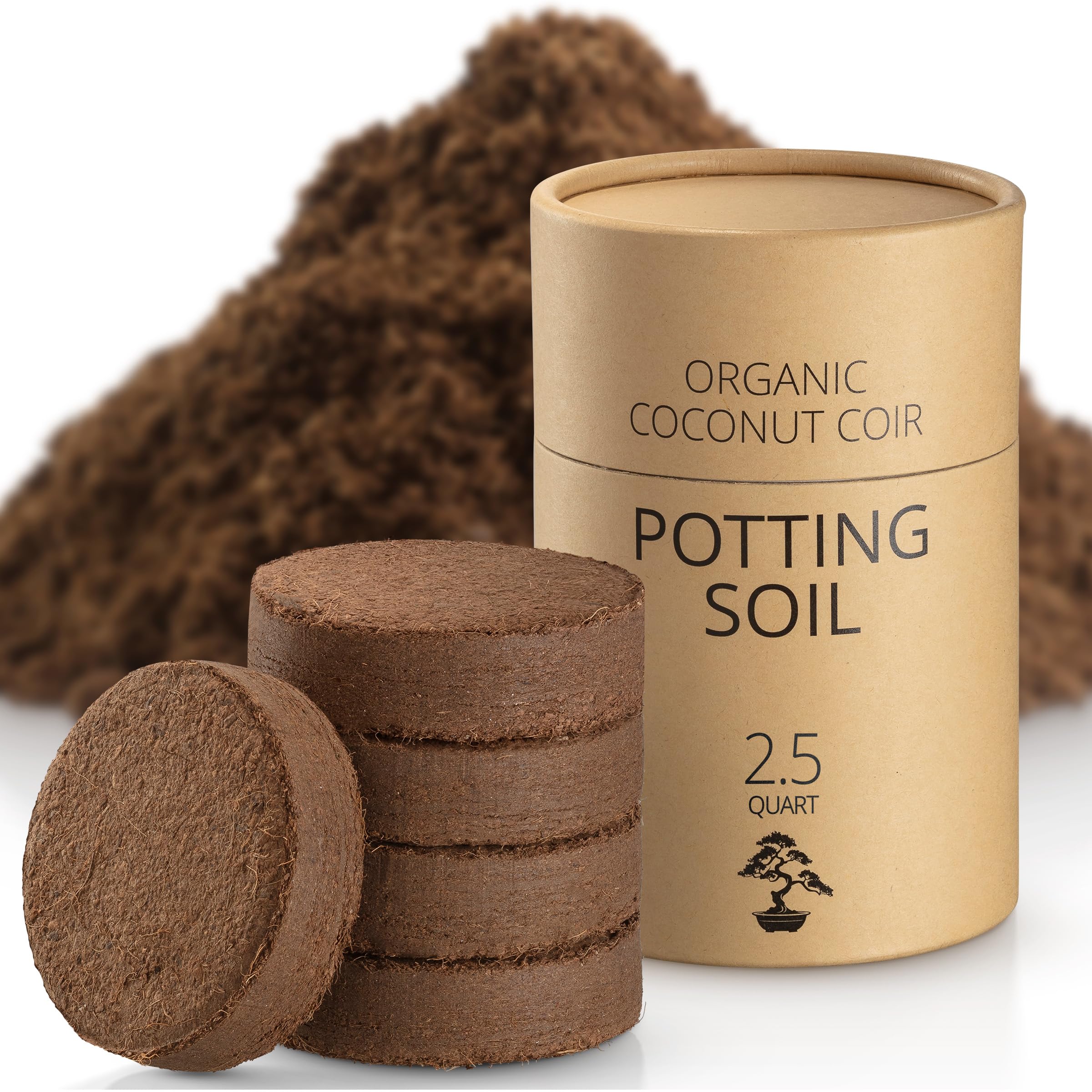 Coconut Coir Potting Soil for Indoor Plants - Expands to 2.5 Quart (5.5 lb) | Bonsai Soil Discs Perfect for General Houseplants, Herbs, and Bonsai Trees - Expands with Water
