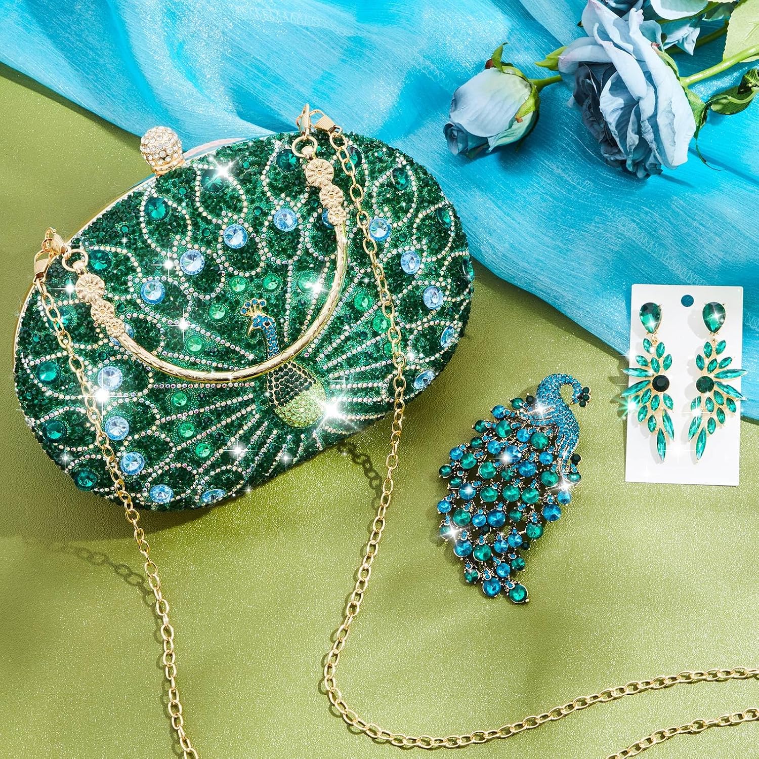 Peacock Evening Bag for Women, Sparkly Rhinestone Clutch image 3