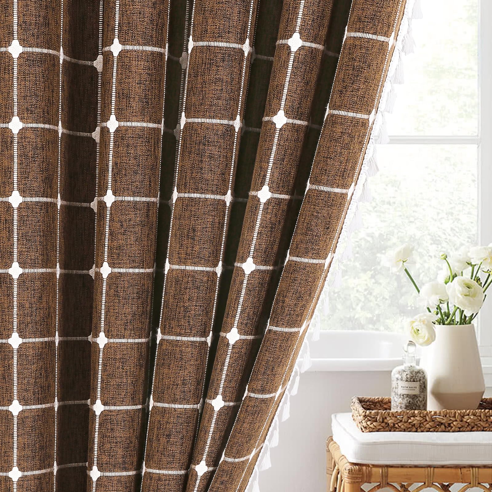 MitoVilla - Tende da doccia in stile bohémien, stile moderno, stile country, in cotone e lino, con nappa, 183 x 183 cm, marrone