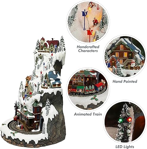 Miniatura 2 de MOMENTS IN TIME Animated Ski Resort Mountain Christmas Village 20.5 "H Luces LED, música y tren en movimiento, decoración navideña pintada a mano