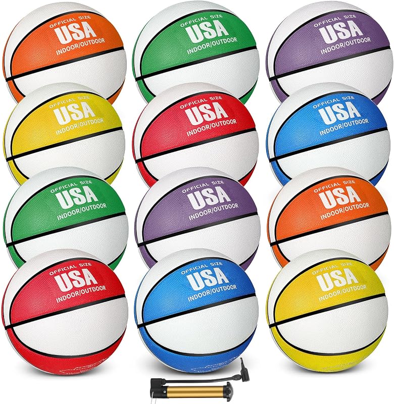 12 Piezas Baloncesto de Goma a Granel Tamaño Oficial Baloncesto con Bomba para Práctica de Juego Entrenamiento Street Ball Deporte Regalo para Niños Jóvenes Adolescentes Adultos Interior Exterior Regalo Regreso a la Escuela