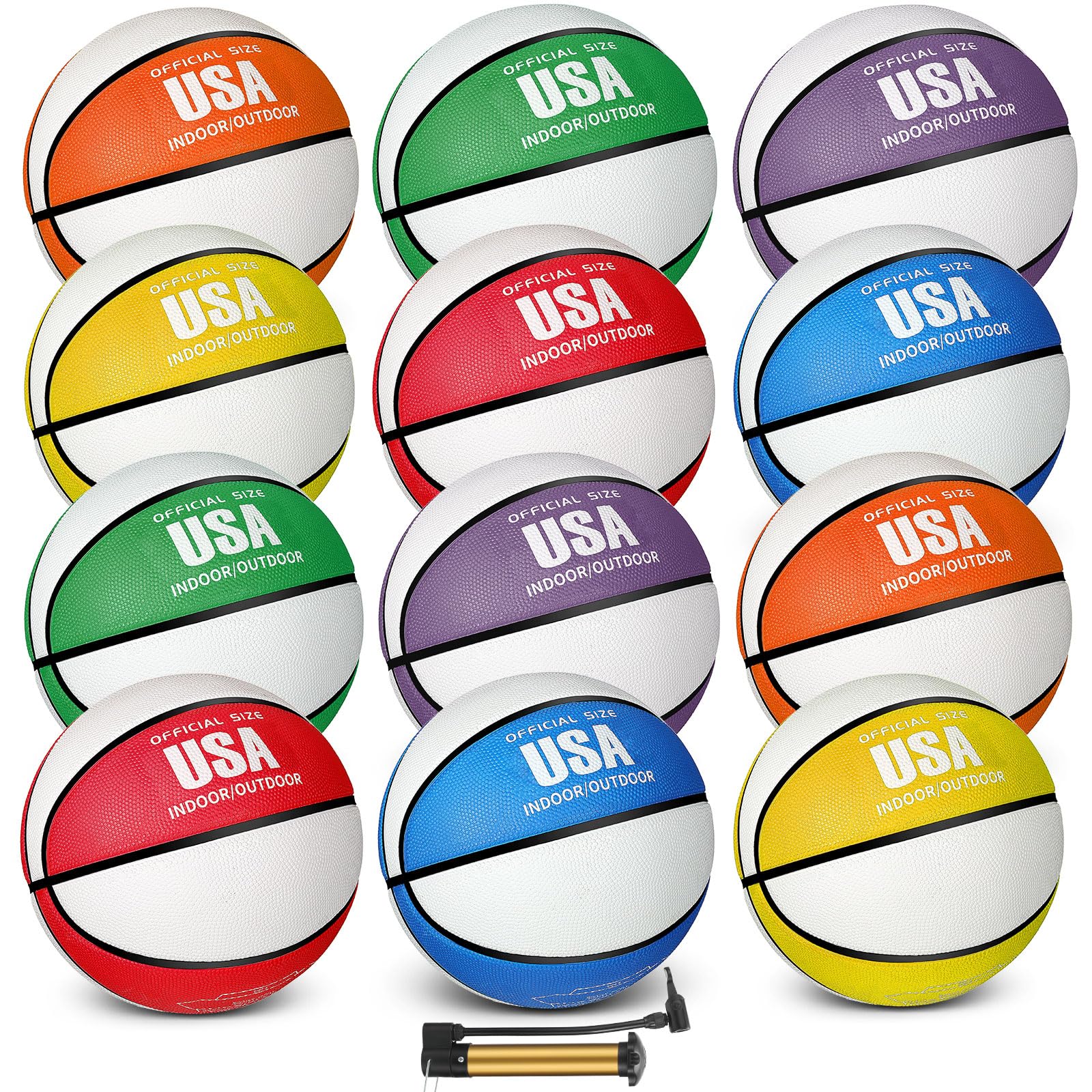 12 Pcs Rubber Basketball Bulk with Pump Indoor Outdoor | Official Size for Kids Youth Tee…
