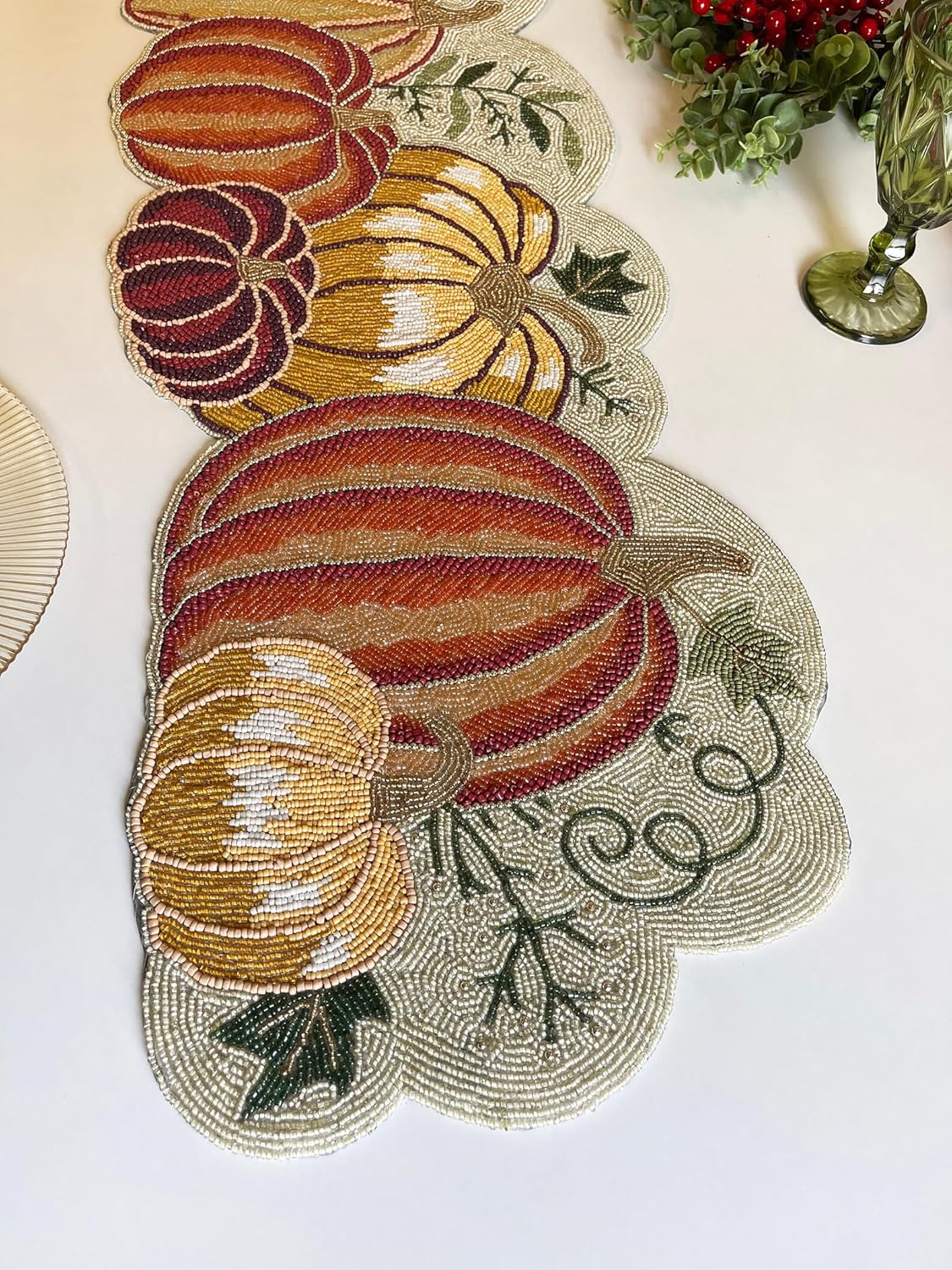 Enliven, Handmade Bead Table Runner, Fall Runner, Pumpkin Halloween, 13x36 inch