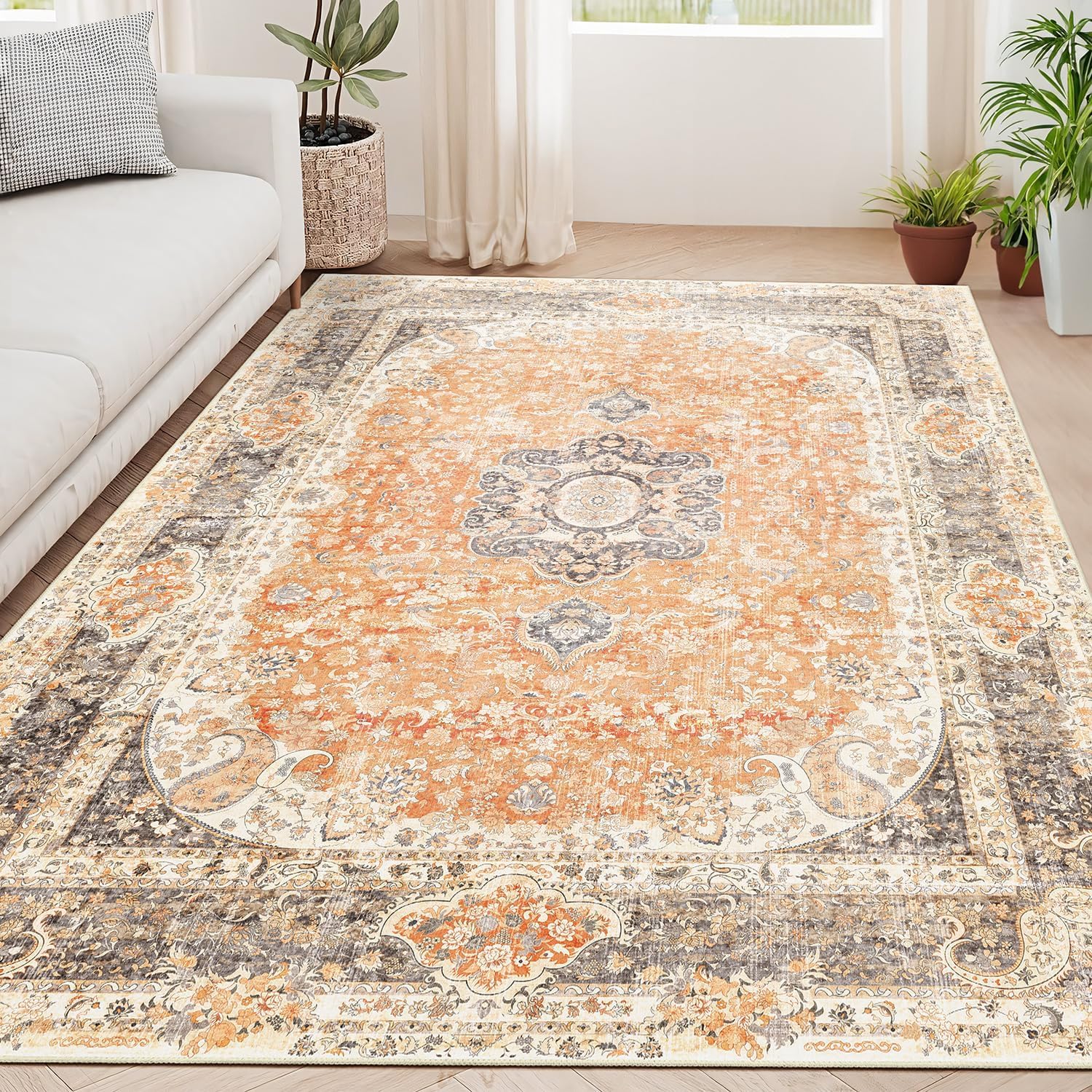 Tapis de cuisine grand format lavable style oriental orange et beige