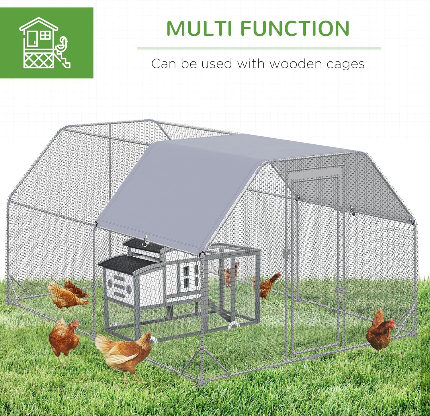 Illustration showing the chicken run connected to a wooden coop