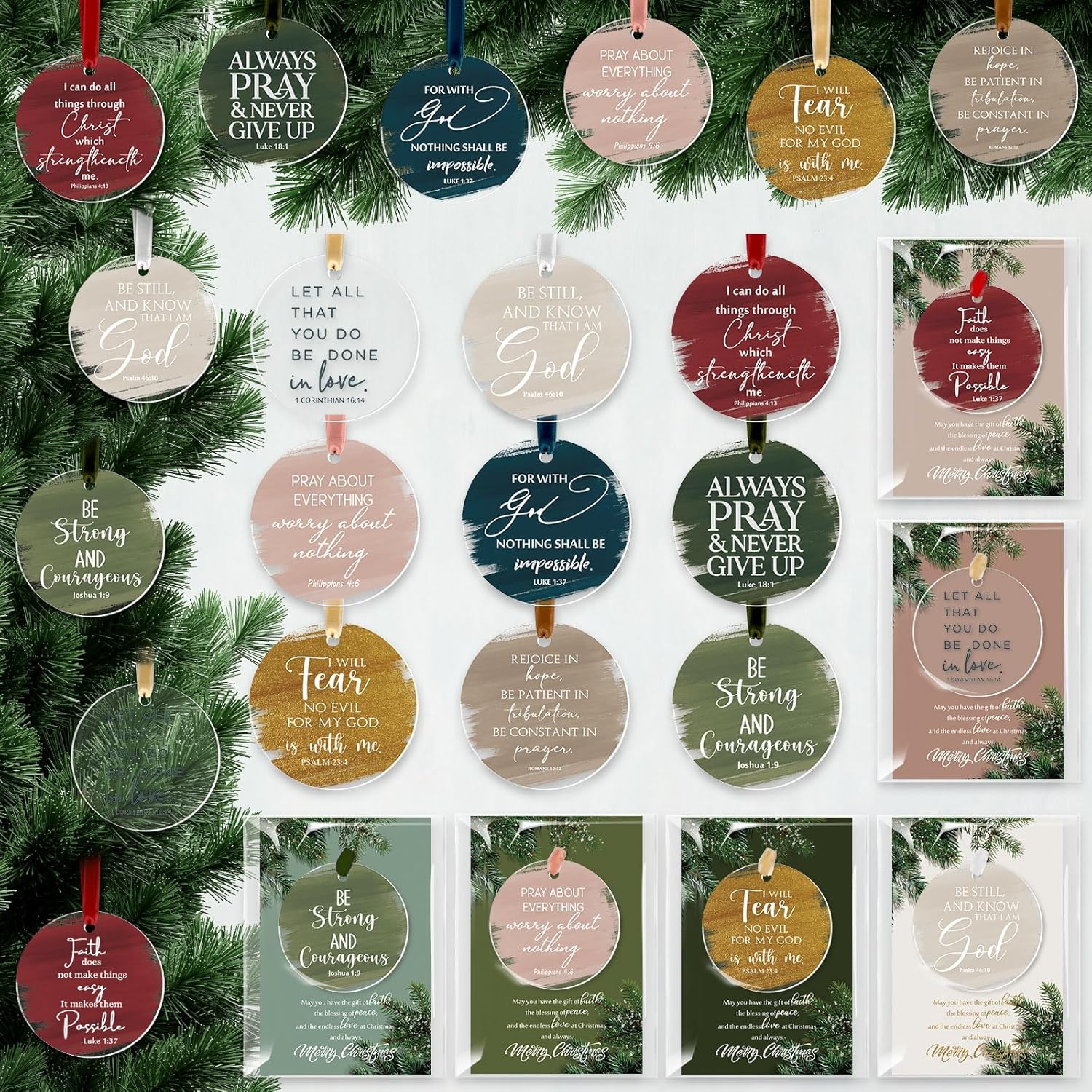 Cinnvoice 50 Set Christian Christmas Tree Ornaments Inspirational Acrylic Hanging Ornament for Xmas Tree Watercolor Bibles Verse Gifts with Merry Christmas Cards for Women Men Church (Classic Round)