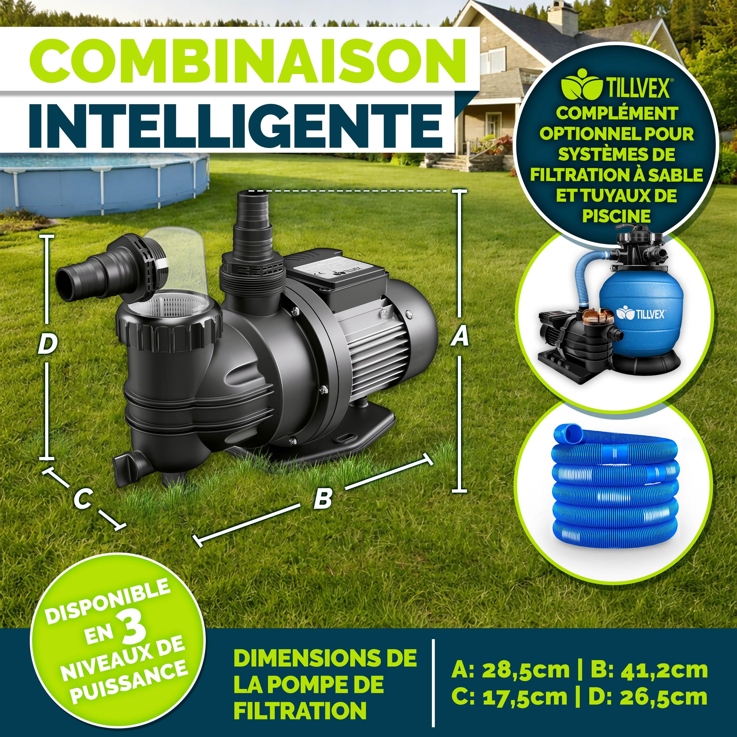 tillvex® Pompe de filtration piscine 9 500 L/h & 550 W | Hauteur de refoulement max. 10 m | Pompe de circulation pour piscines 40 m³ | Auto-amorçante pour piscine hors-sol & spa avec préfiltre