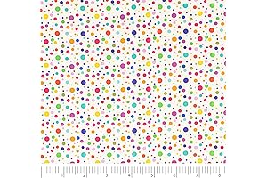 Striking Singer Print Cotton Fabric Emblazoned with Rainbow Polka Dots on a Pristine White Canvas