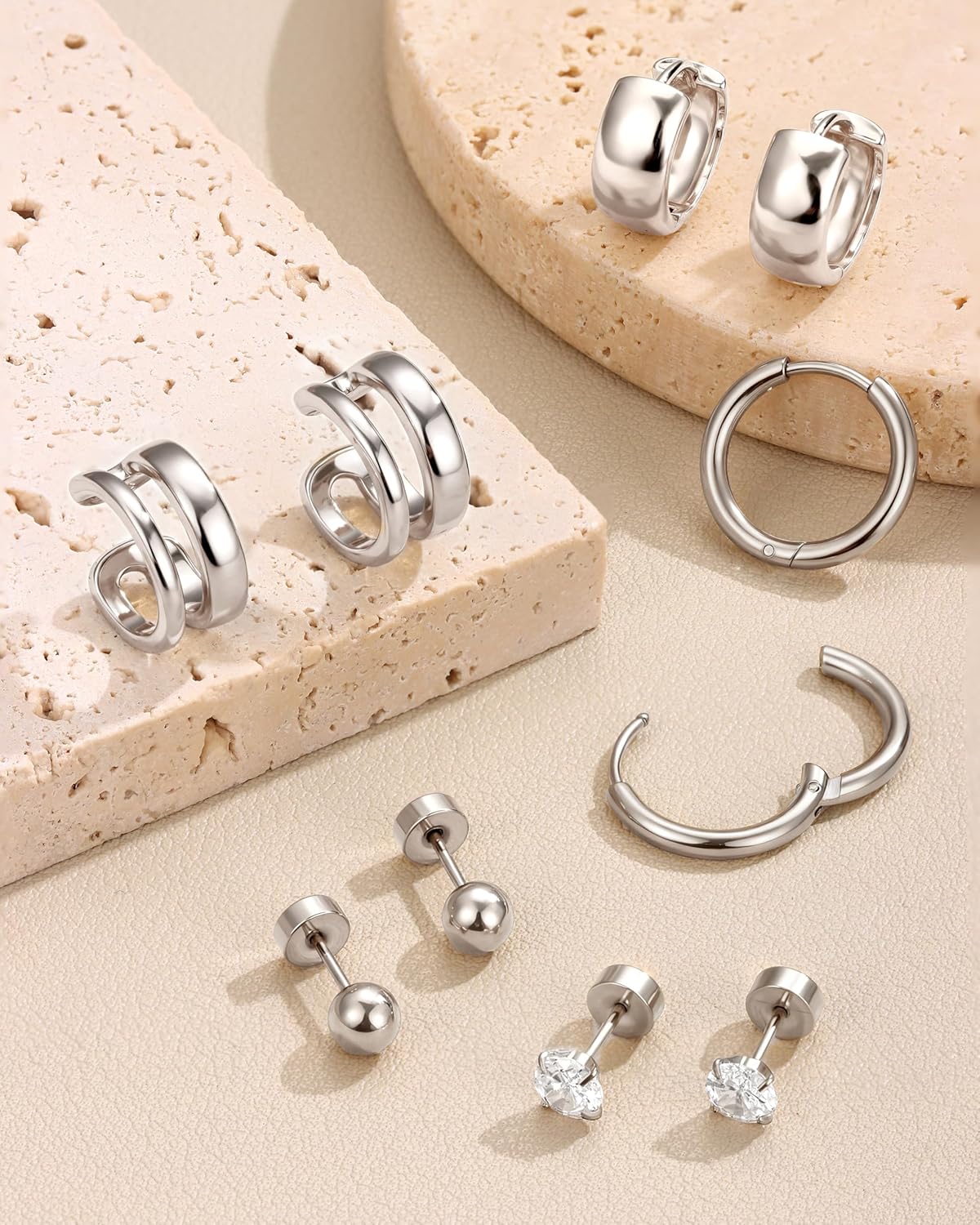 Dochais Flat Back Earrings for Women Men Dainty 14k Gold Plated Chunky Hoop Earings Sets Trendy Small CZ Surgical Steel Cartilage Earring Stacks - Image 6