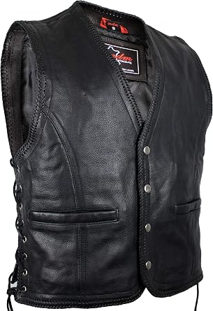 MDM Motorcycle biker leather vest black with button adjustable at the side