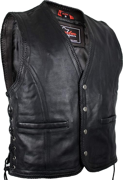 MDM Motorcycle biker leather vest black with button adjustable at the side