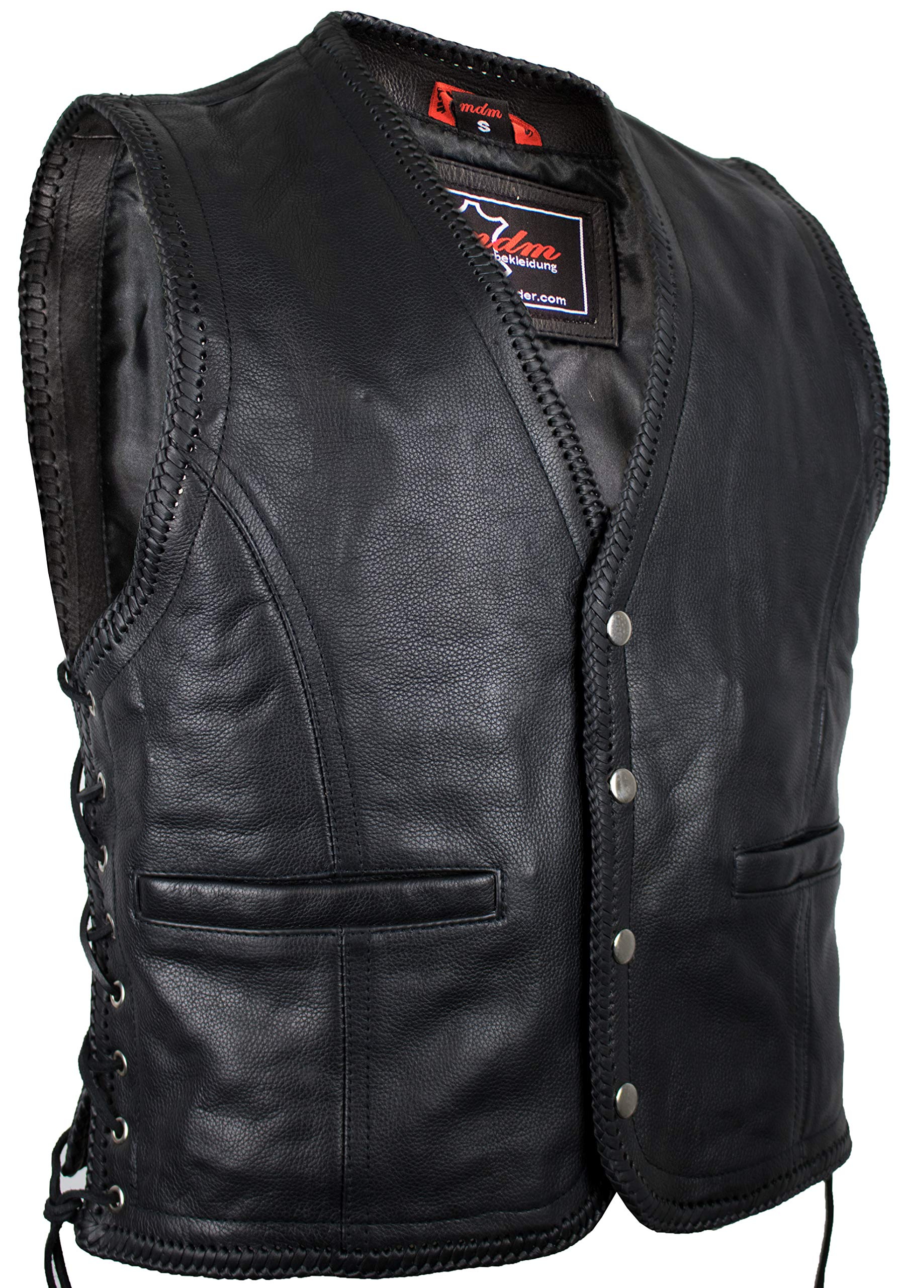 MDM Chaleco de cuero para hombre estilo motero, Piel de vacuno auténtica, negro, botones a presión, cordones trenzados, forro de poliéster