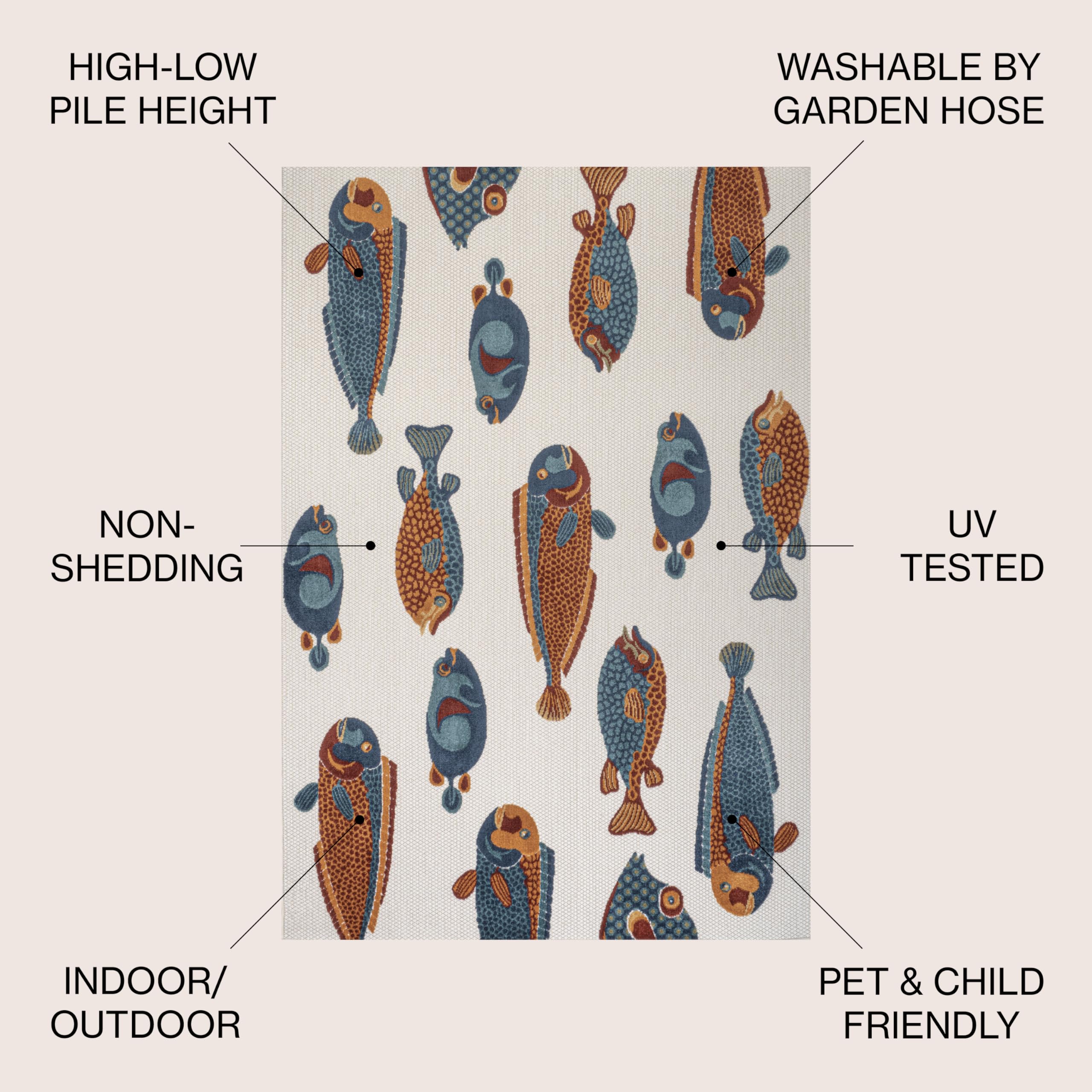JONATHAN Y AMC114A-8 Algarve Modern Fish High-Low Indoor Outdoor Area Rug, Nautical Coastal Casual Easy Cleaning,Bedroom,Kitchen,Backyard,Patio,Non Shedding 8 X 10, Navy/Orange/Cream
