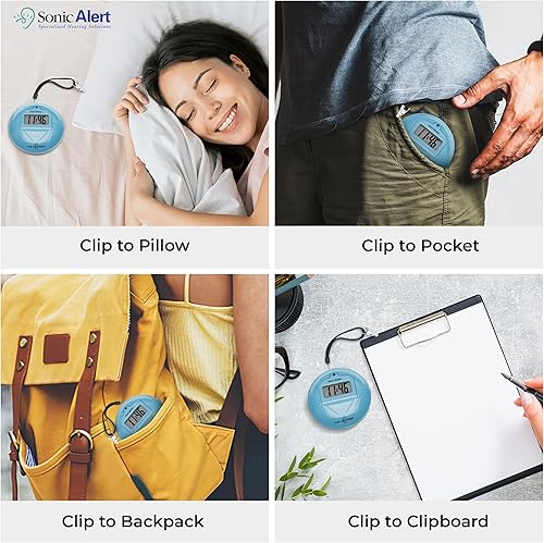 Miniatura 5 de Sonic Alert Reloj despertador digital de viaje, agitador de cama y vibración debajo de la almohada, jade a pilas