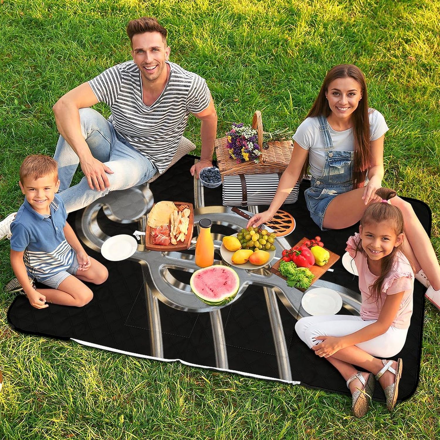 Black and White Musical Notes Picnic Blanket 150x100cm, Foldable 2-in-1 Picnic Mat and Tote Bag Portable Waterproof Beach Mat Sandproof Outdoor Blanket for Park, Hiking, Beach, Camping, Travel