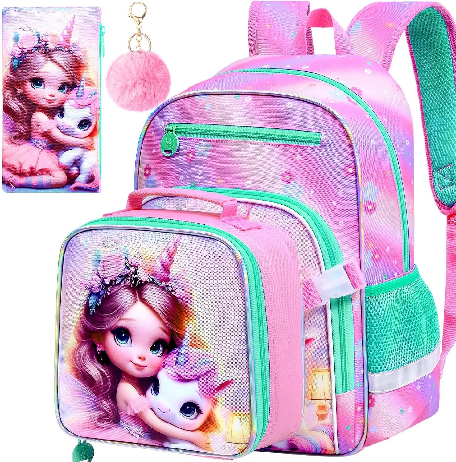 AGSDON 3PCS Mermaid Backpack for Girls, 16" Kids Bookbags Lightweight with Attachable Lunch Box, School Backpack for Kindergarten Elementary