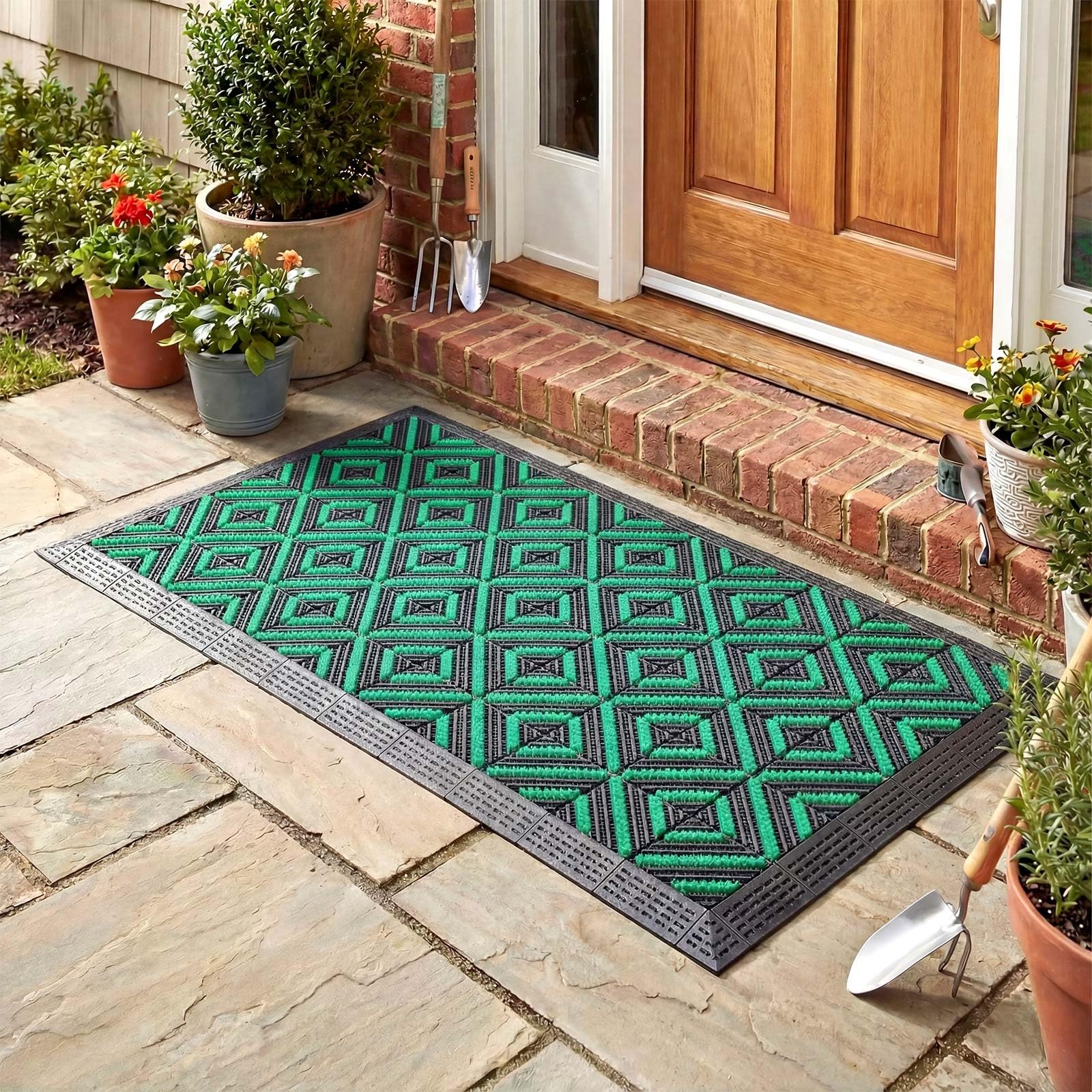Paillasson d'entrée avec carreaux emboîtables et brosse, durable, robuste, antidérapant, intérieur/extérieur, toutes saisons, facile à nettoyer pour garage, terrasse, entrée à grande circulation