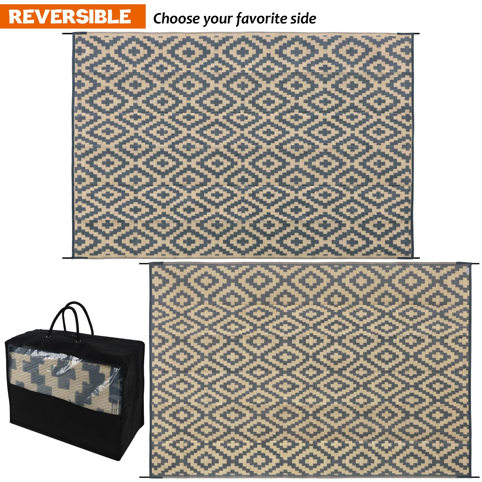 SAND MINE Tappetini reversibili, in plastica, stile moderno, grande tappetino e tappeto per esterni, camper, patio, cortile, terrazza, picnic, spiaggia, rimorchi, campeggio (20 x 3 m, reticolo grigio