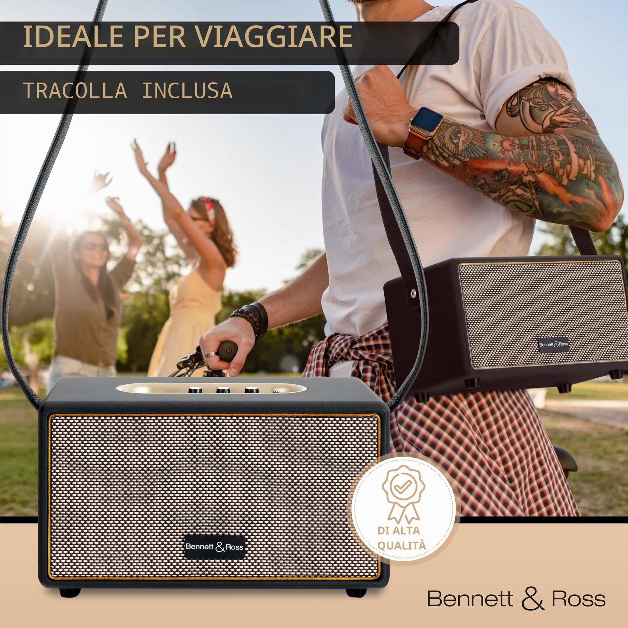 Bennett & Ross BB-860A BK Blackmore altoparlante bluetooth retrò in pelle con batteria da 6000 mAh - Altoparlante vintage da 60 W - Funzione Stereo True Wireless - Ingresso Aux - Cassa nero