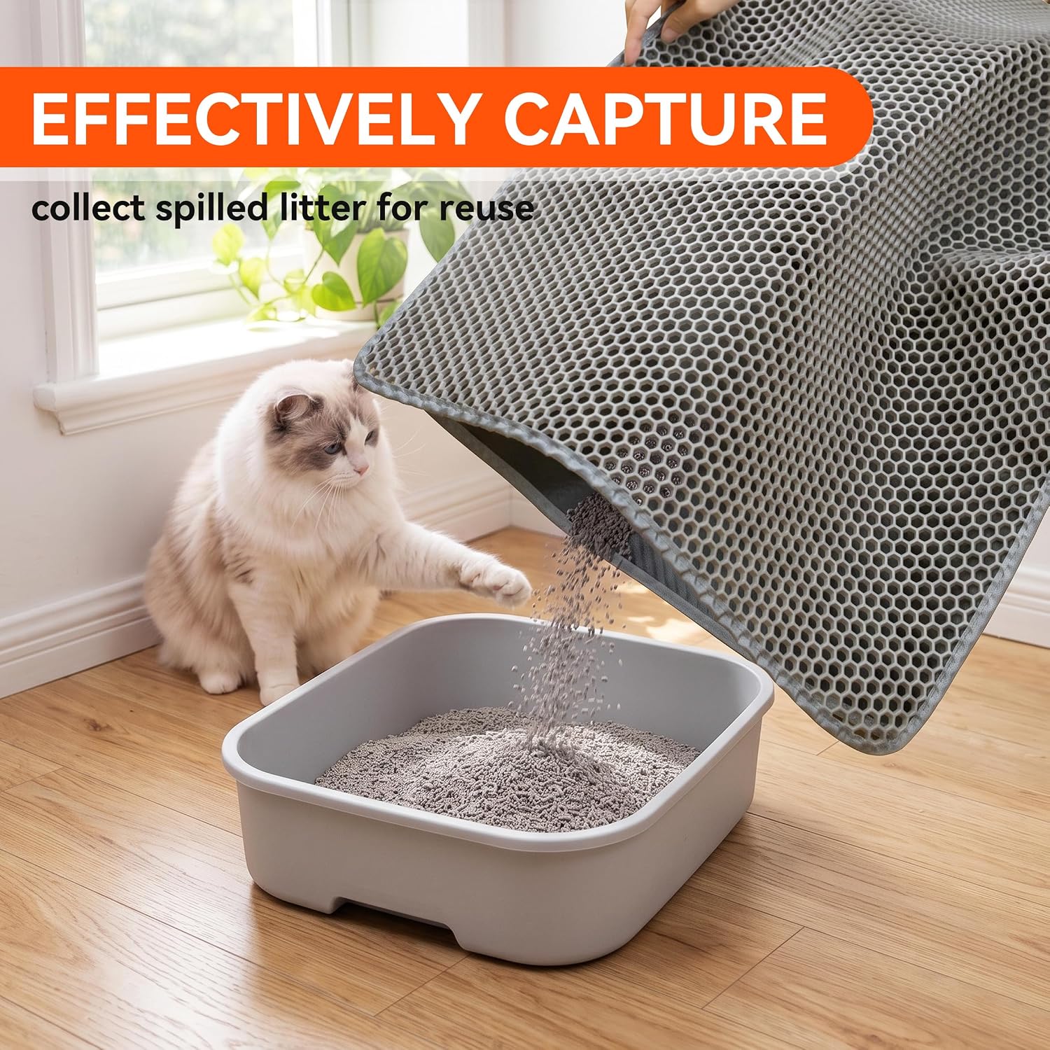 Cat Litter Mat, Double Layer Litter Trapping Mat, Gray (47" x 35") | Waterproof cat mat for litter box. Washable EVA kitty litter mat & scatter control honeycomb litter box mat