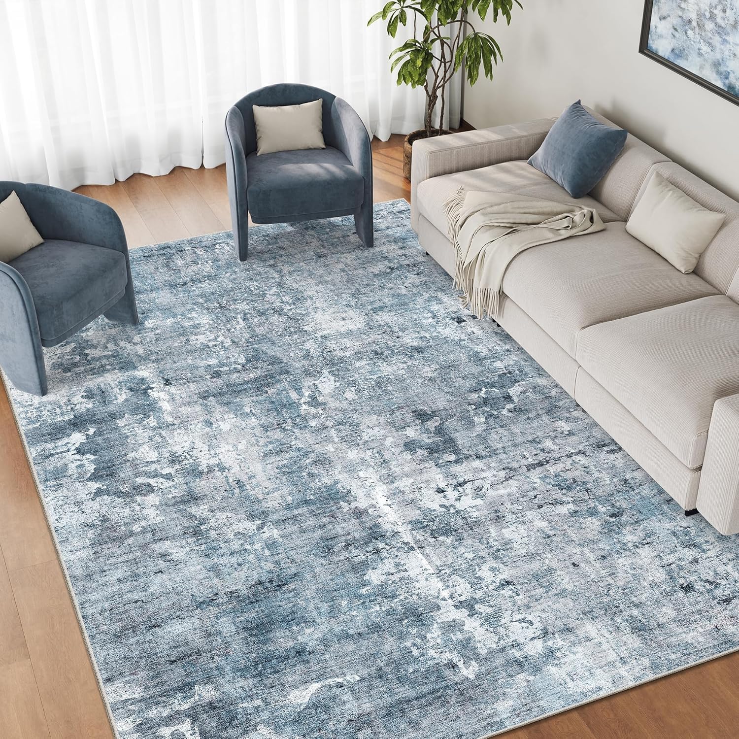 Tapis de salon lavable et résistant bleu blanc gris 110 x 180 cm style abstrait