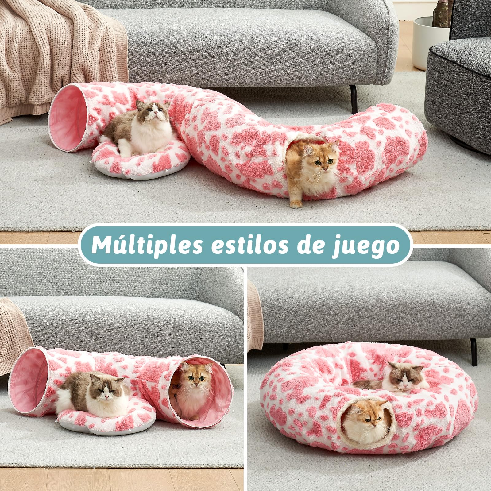 COZY KISS Tunnel per Gatti Interni con Letto, Tunnel con Due Entrate, Cuccia Con Cuscino Lavabile, Peluche Morbida, Interattivo per Cuccioli/Gattini/Conigli (Rosa & Nero, 85D)
