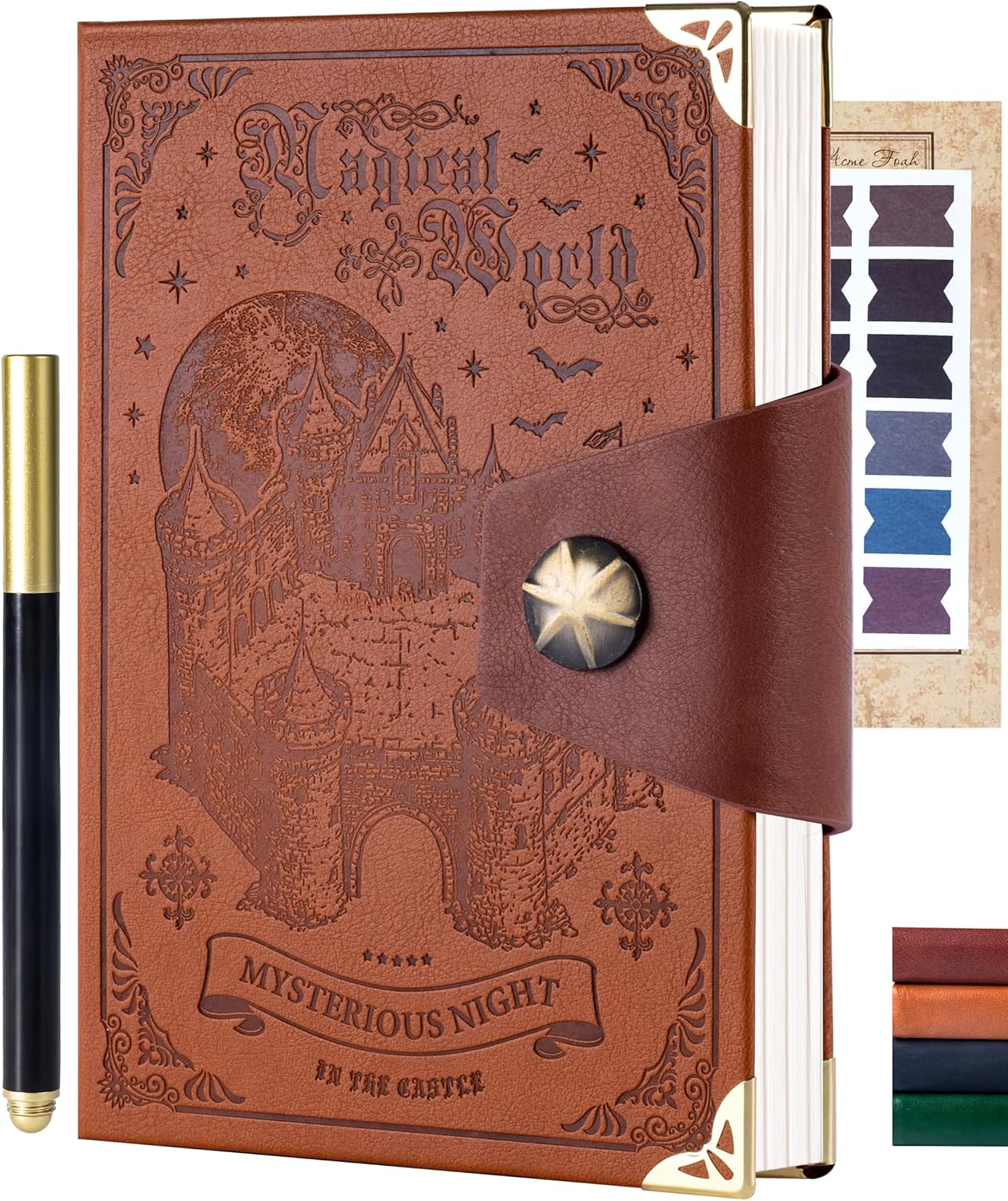 CAGIE Brown Leather Journal Gift Set with Pen, Magical World Castle Textured Lined Notebook, 100GSM Acid-Free Paper Hardcover Writing Diary for Women Men Teens Writers