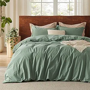 Bedsure 100% Washed Cotton Duvet Cover Queen Size - Iceberg Green Minimalist Cotton Duvet Cover Linen Like for All Seasons - GentleSoft™ Plain Simple Bedding (Iceberg Green, Queen, 90"x90")