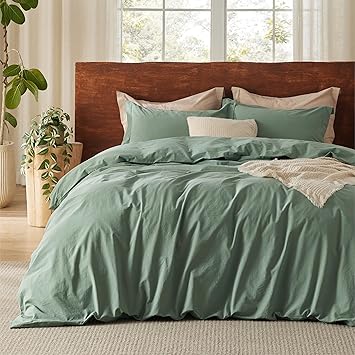 Bedsure 100% Washed Cotton Duvet Cover Queen Size - Iceberg Green Minimalist Cotton Duvet Cover Linen Like for All Seasons - GentleSoft™ Plain Simple Bedding (Iceberg Green, Queen, 90"x90")