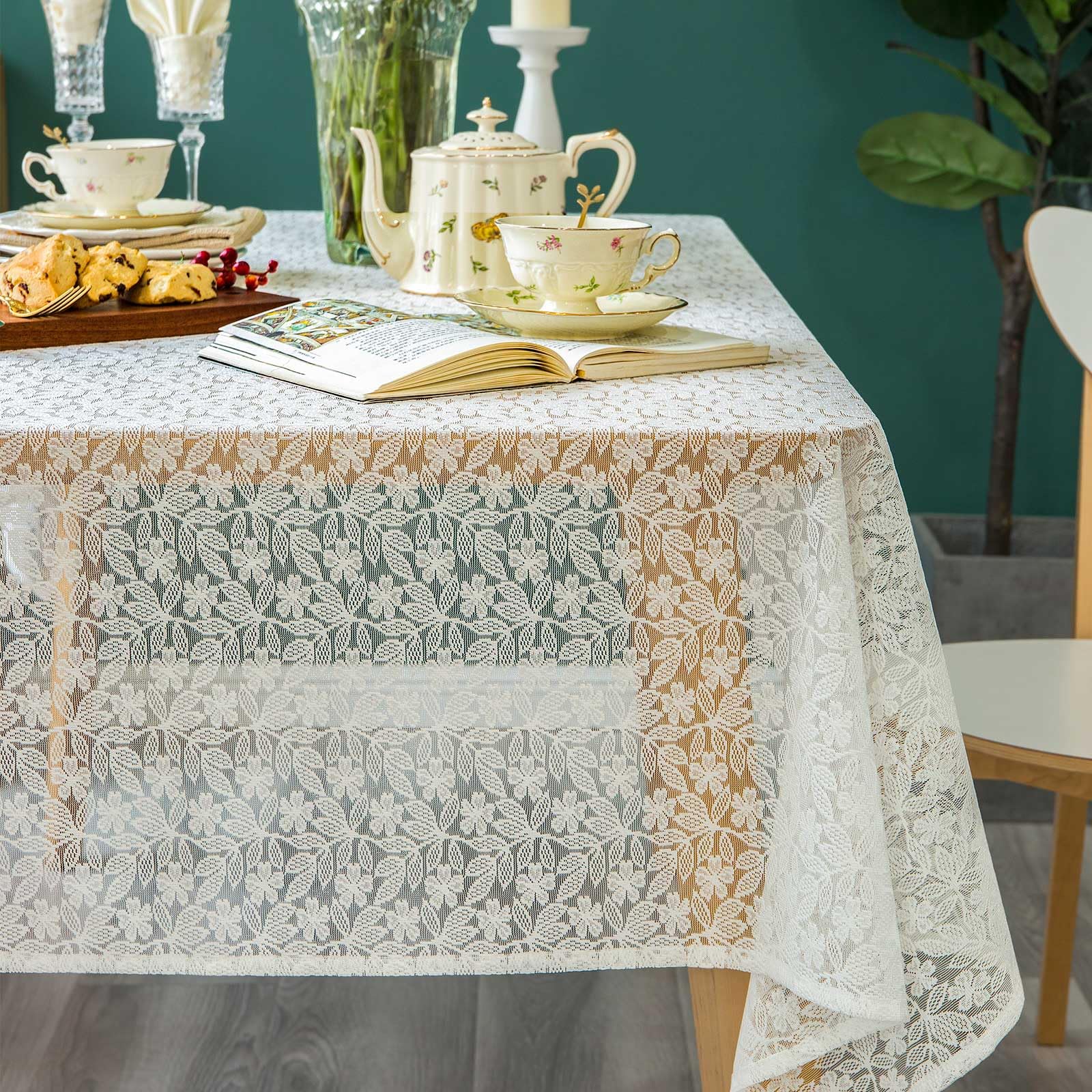 GLORY SEASON Lace Tablecloth Leaf Pattern Warp Knitting Fabric Solid White Rectangle/Oblong Table Cover for Kitchen Dining Farmhouse Wedding Party